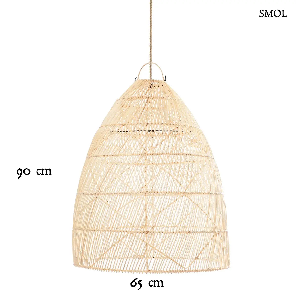 Csavart fonású natúr rattan függőlámpabúra M méretben, méretekkel
