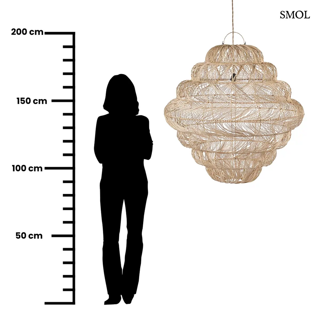 Natúr rattan függőlámpabúra gömb formával, XL méret, 102×102 cm, méretarányosan