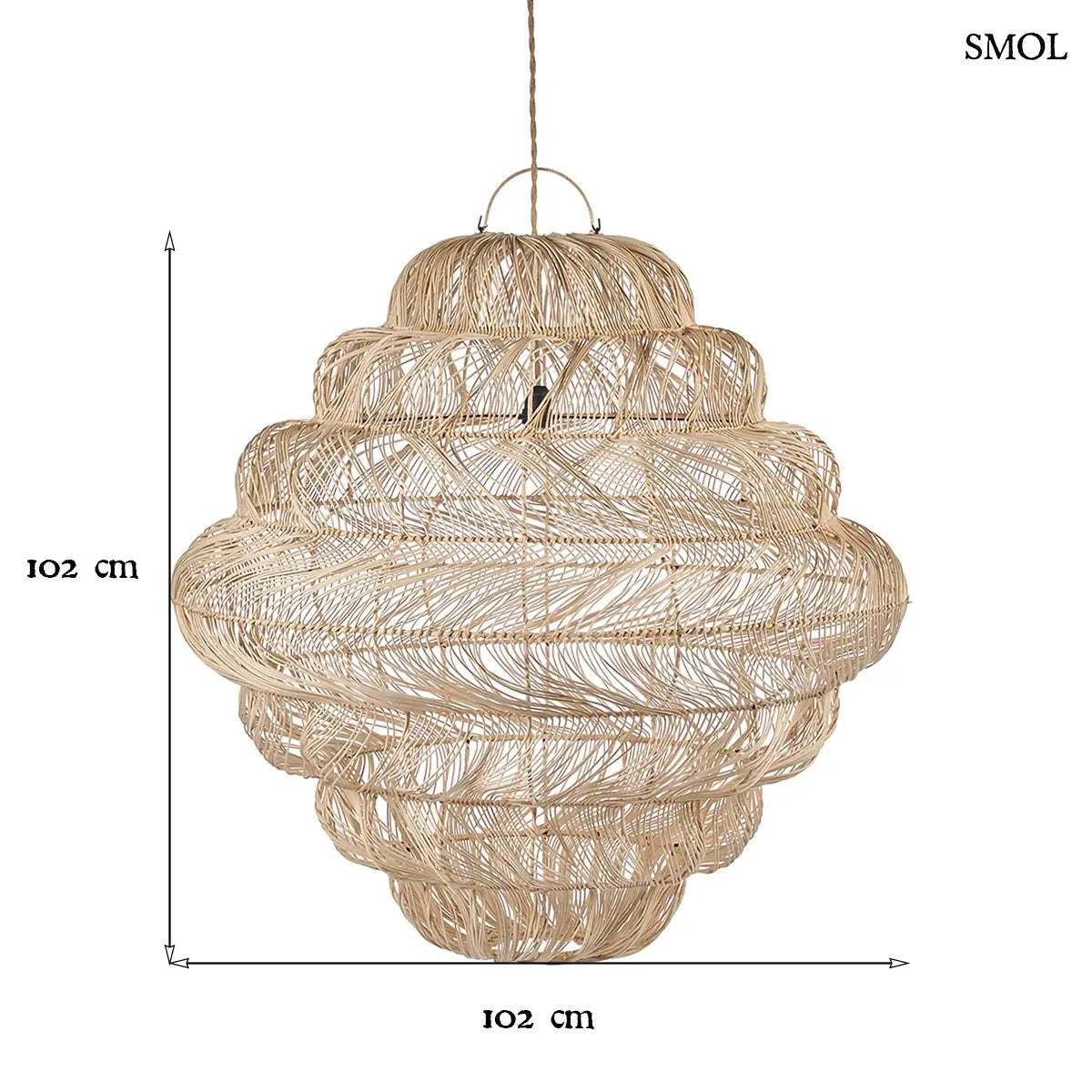 Natúr rattan függőlámpabúra gömb formával, XL méret, 102×102 cm, méretekkel