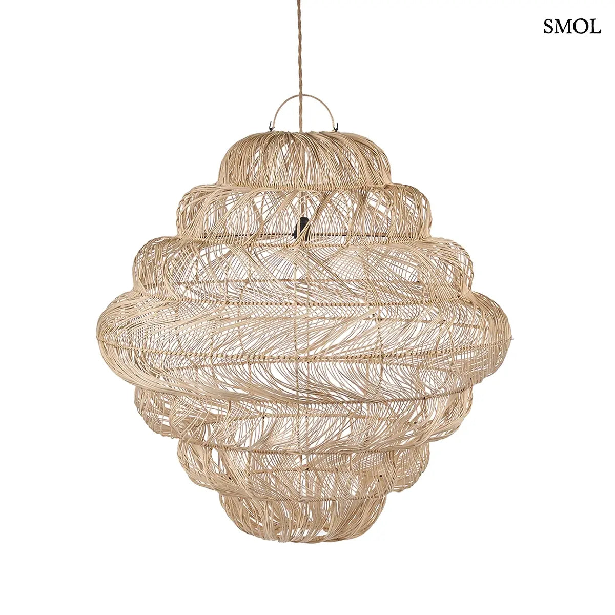 Natúr rattan függőlámpabúra gömb formával, XL méret, 102×102 cm, fehér háttérrel