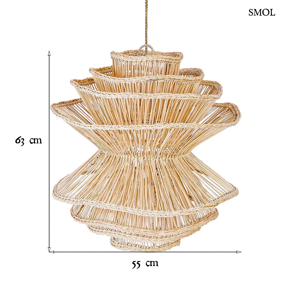 Gomba formájú natúr rattan függőlámpabúra, L méret, 55×63 cm, méretekkel