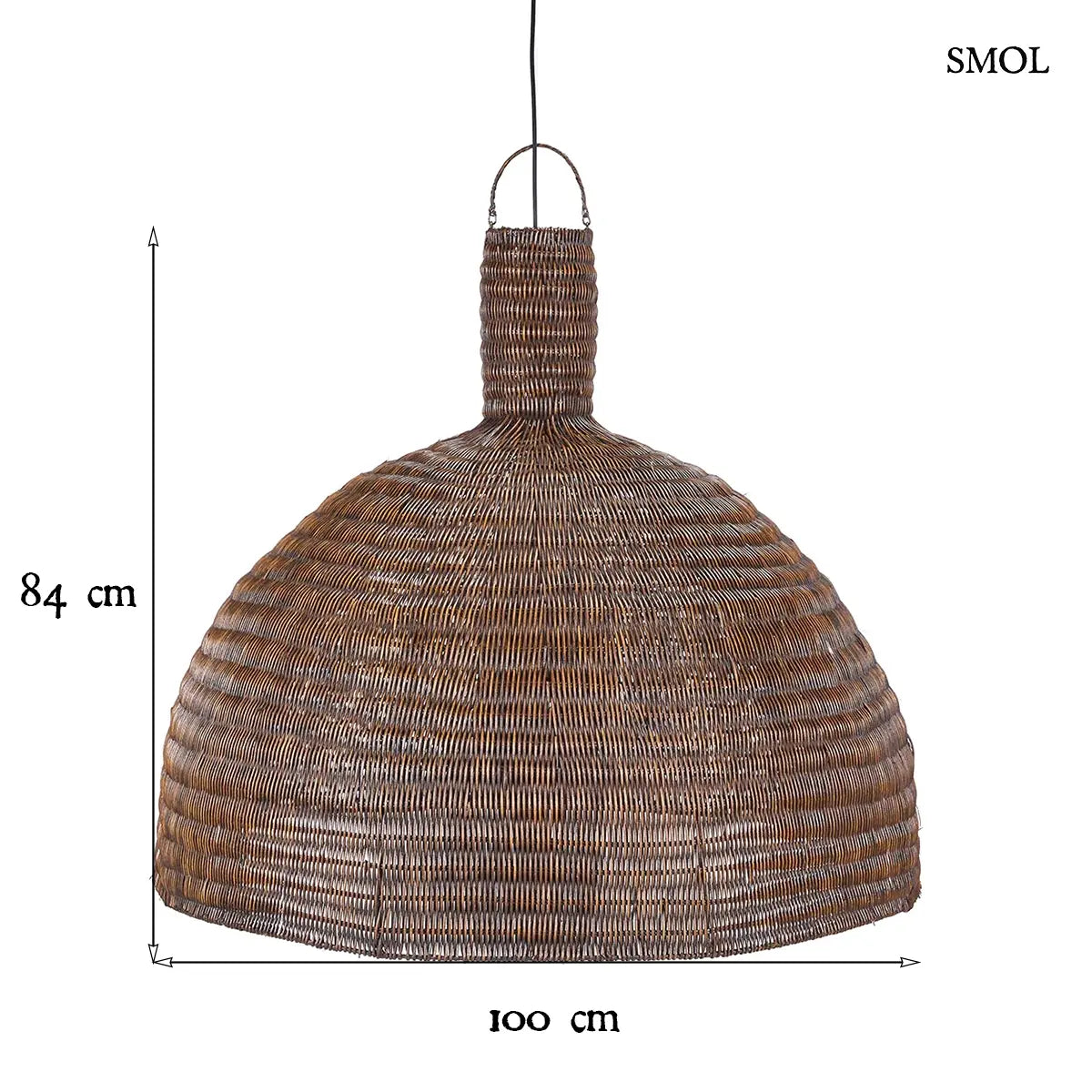 Sötét dió rattan függőlámpabúra kupolás formával, 100×84 cm, méretekkel