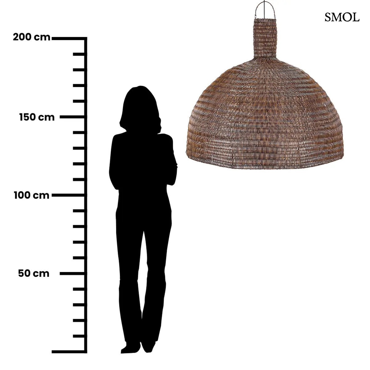 Sötét dió rattan függőlámpabúra kupolás formával, 100×84 cm, méretarányosan
