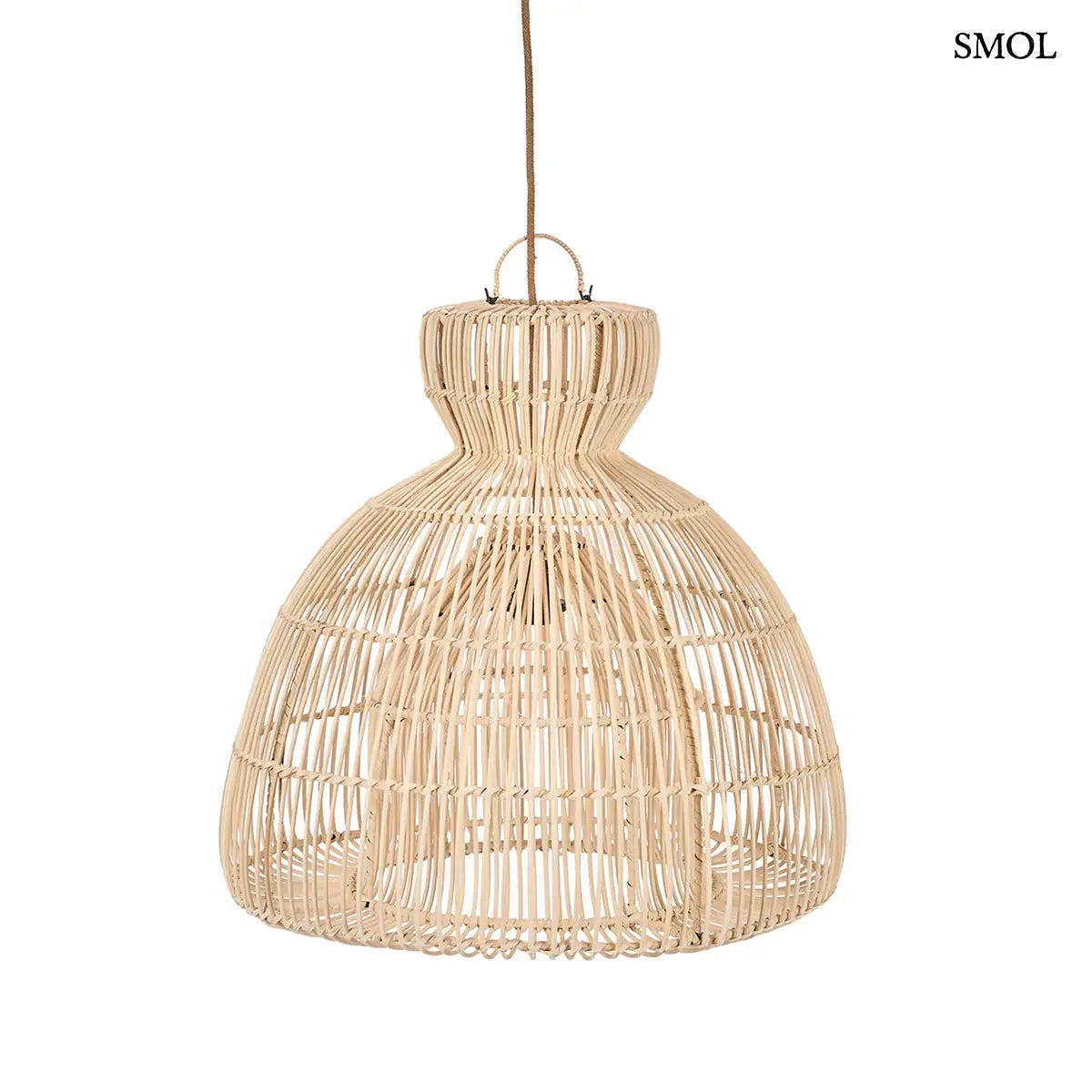 Natúr rattan függőlámpabúra harang formával, M méret, 57 cm, fehér háttérrel