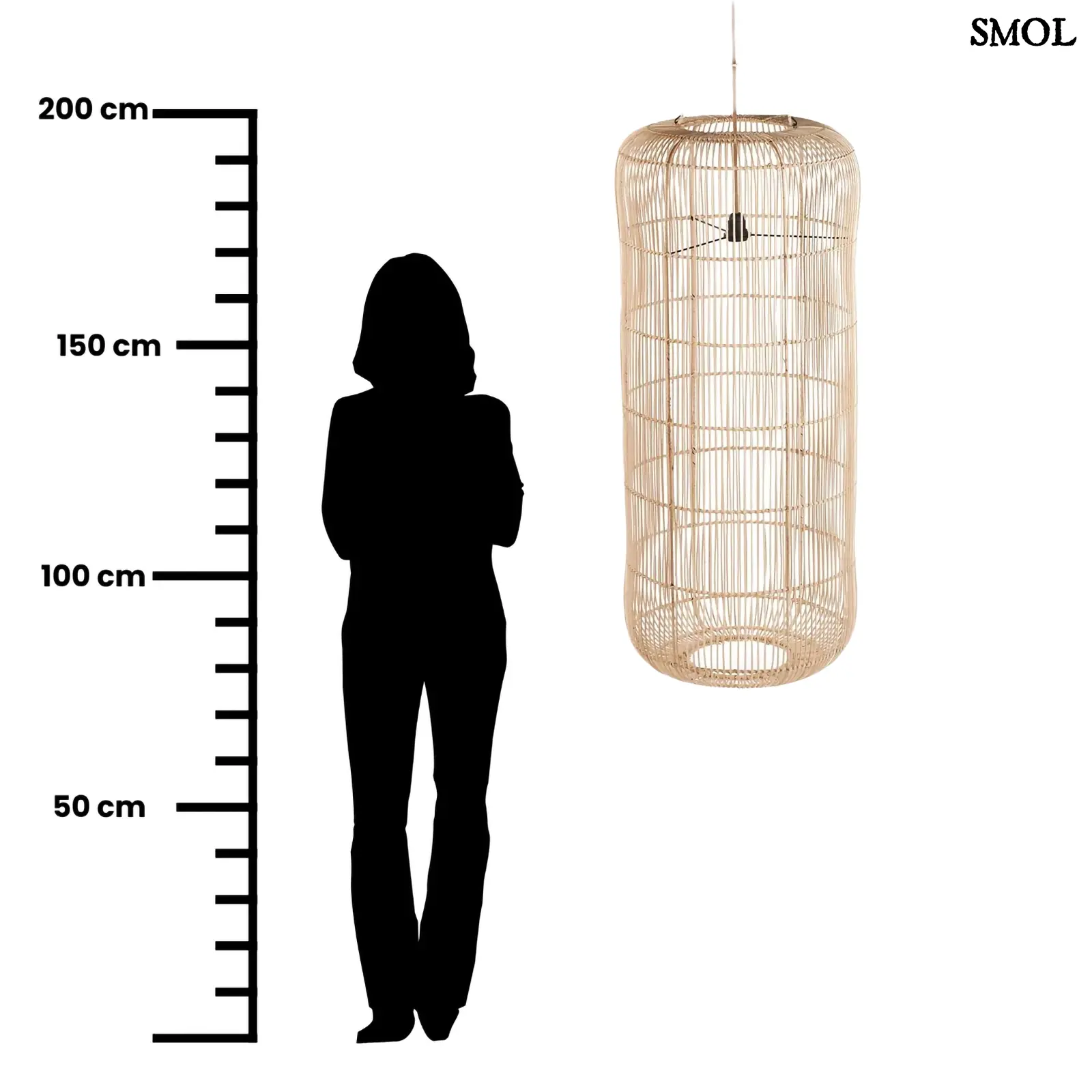 rattan függőlámpaernyő természetes rattanból, henger alakú kialakítással méretarányosan