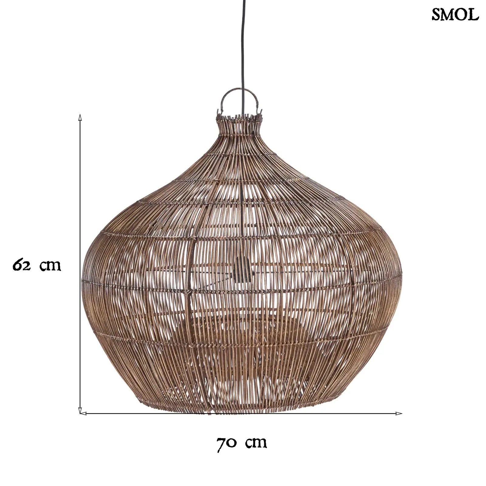 Sötét dió árnyalatú, kézzel szőtt rattan függőlámpaernyő légies, gömbölyded formával méretekkel