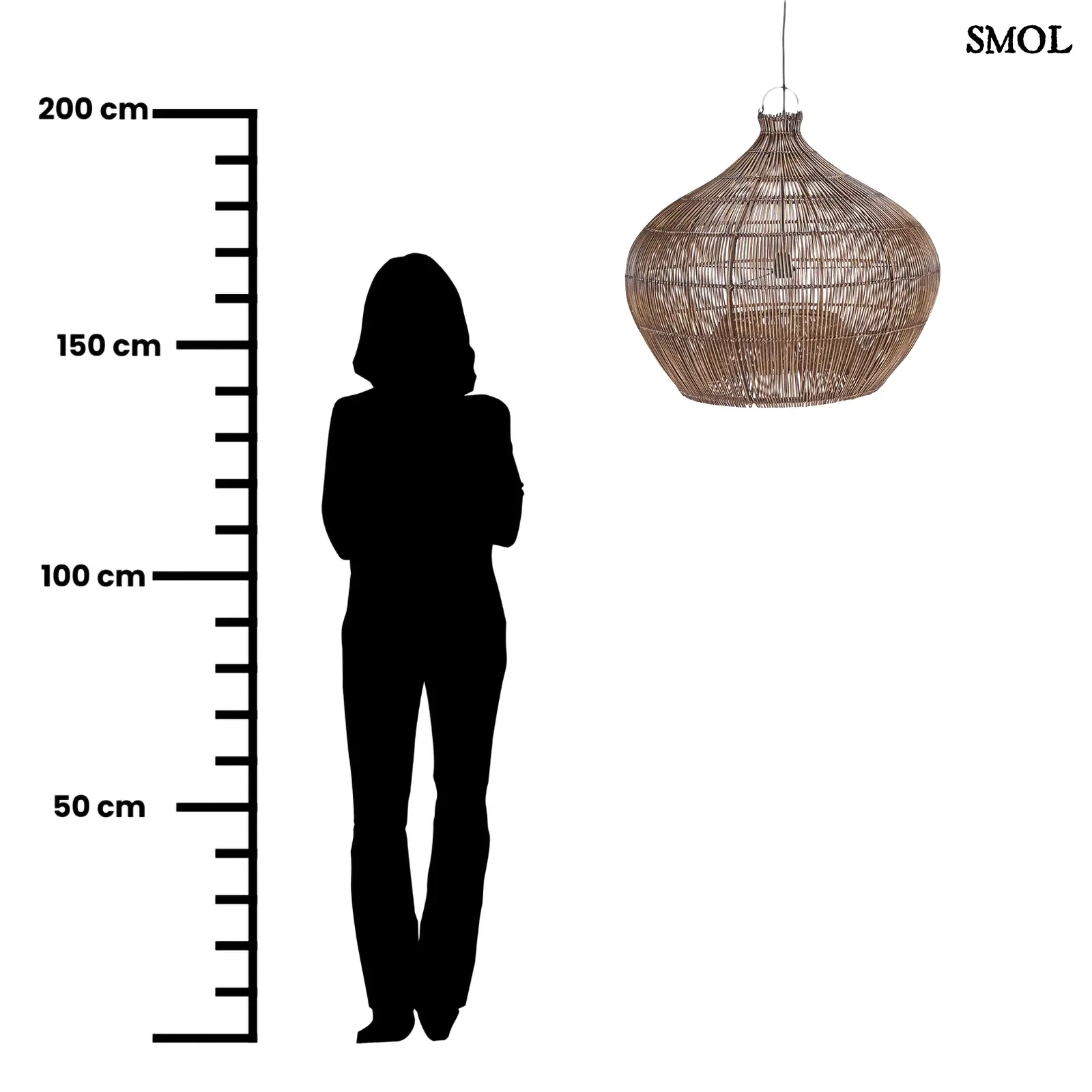 Sötét dió árnyalatú, kézzel szőtt rattan függőlámpaernyő légies, gömbölyded formával méretarányosan