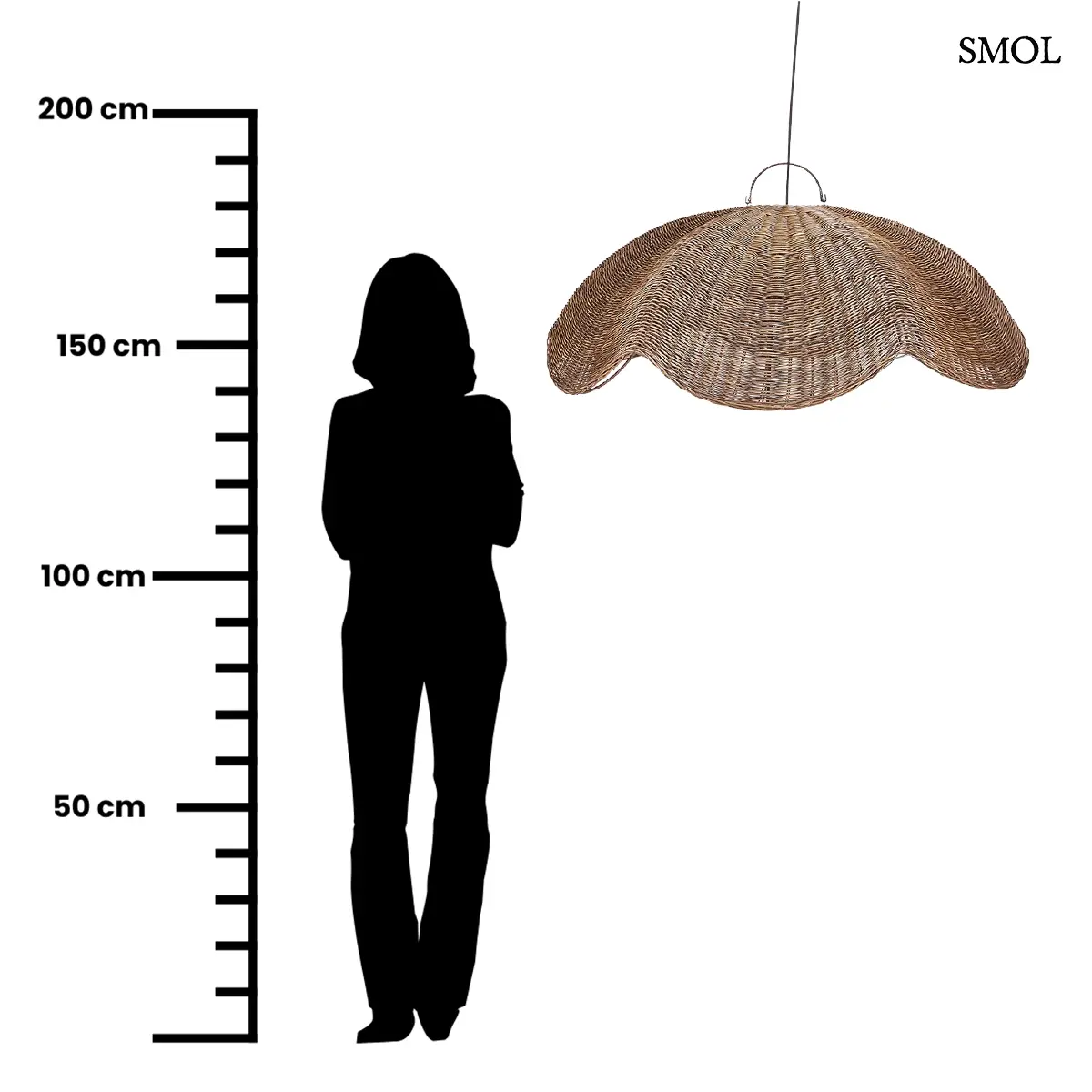 Sötét dió rattan függőlámpabúra hullám formában, 103×40 cm, méretarányosan