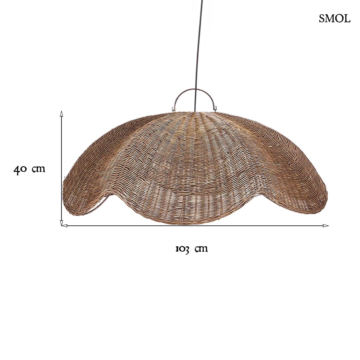 Sötét dió rattan függőlámpabúra hullám formában, 103×40 cm, méretekkel