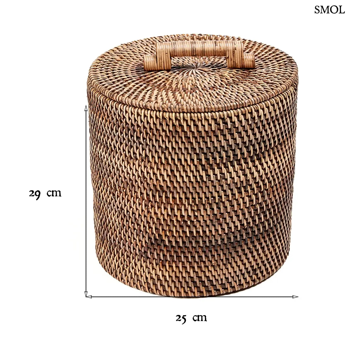 Kézzel font natúr barna rattan tároló kosár tetővel és fogantyúval, méretekkel