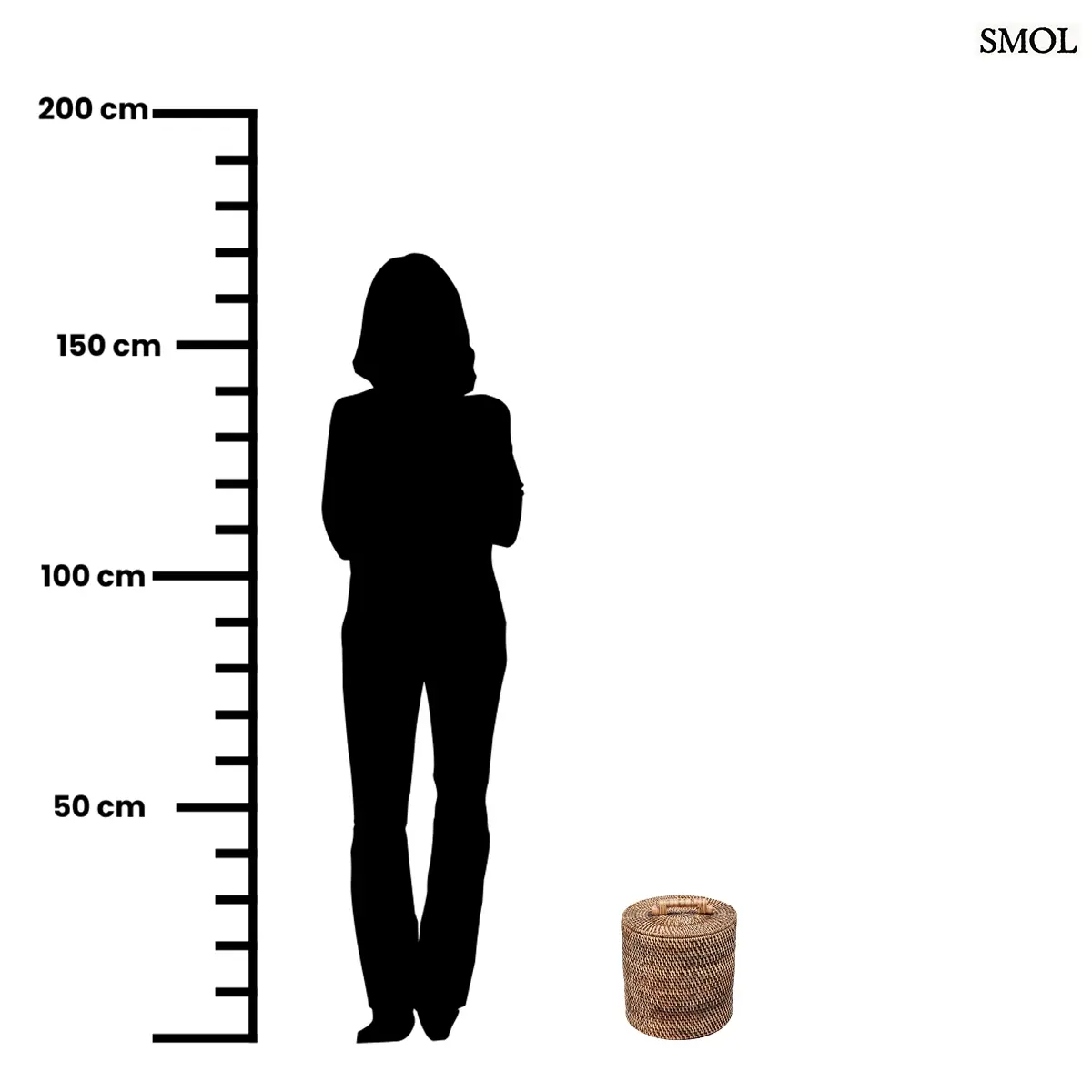 Kézzel font natúr barna rattan tároló kosár tetővel és fogantyúval, méretarányosan