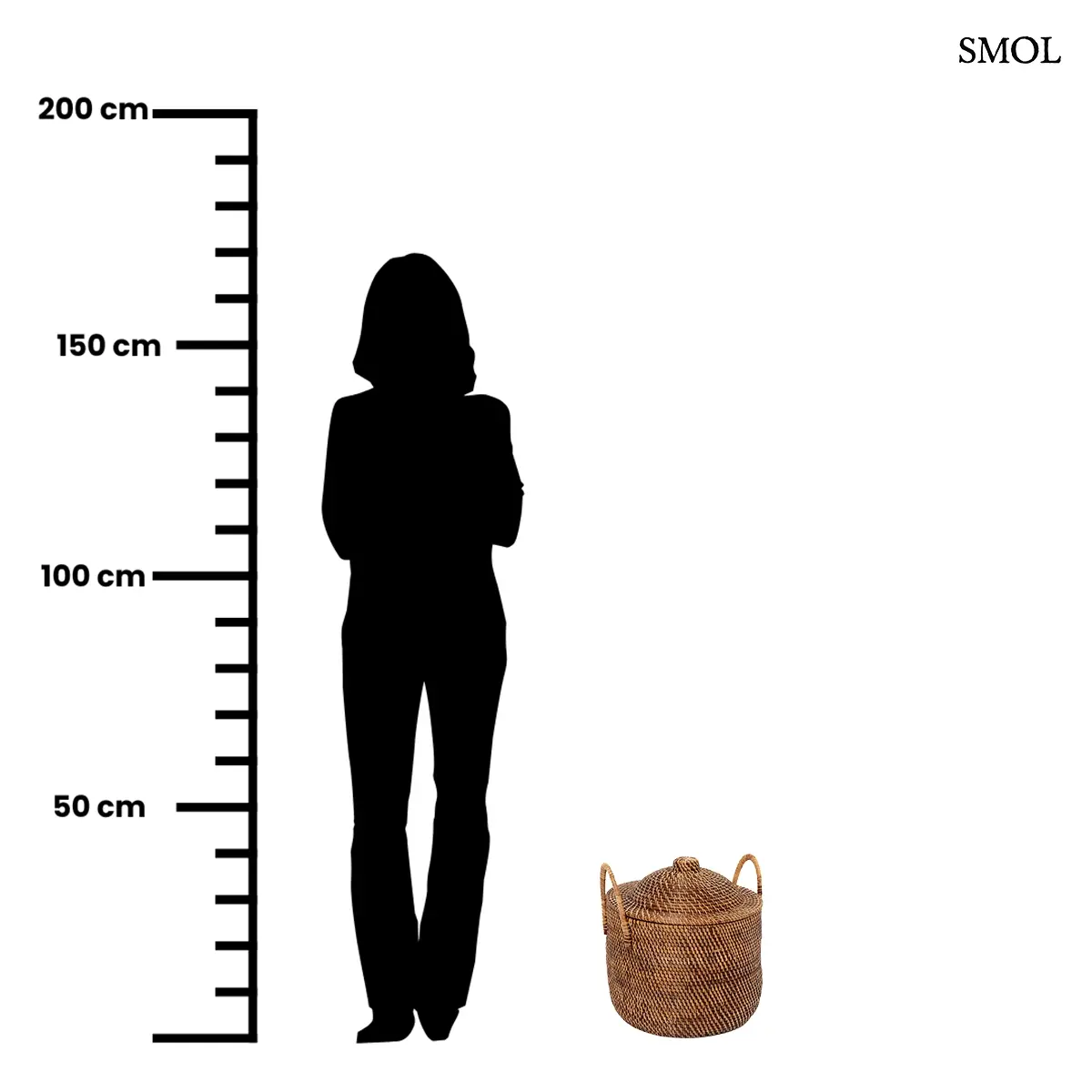 Sötétbarna rattan tárolókosár fedővel és két kerek füllel, 40×39 cm, méretarányosan