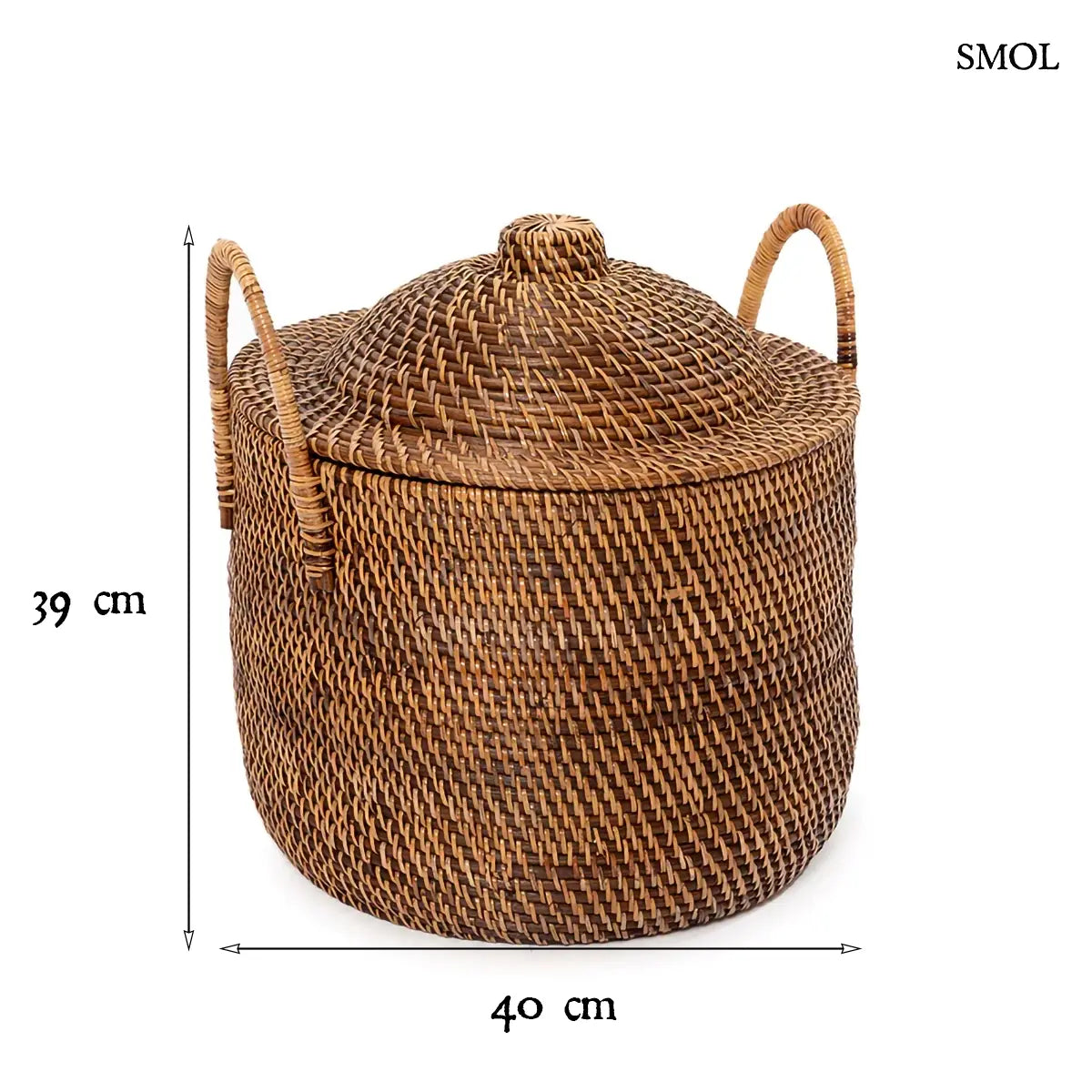 Sötétbarna rattan tárolókosár fedővel és két kerek füllel, 40×39 cm, méretekkel