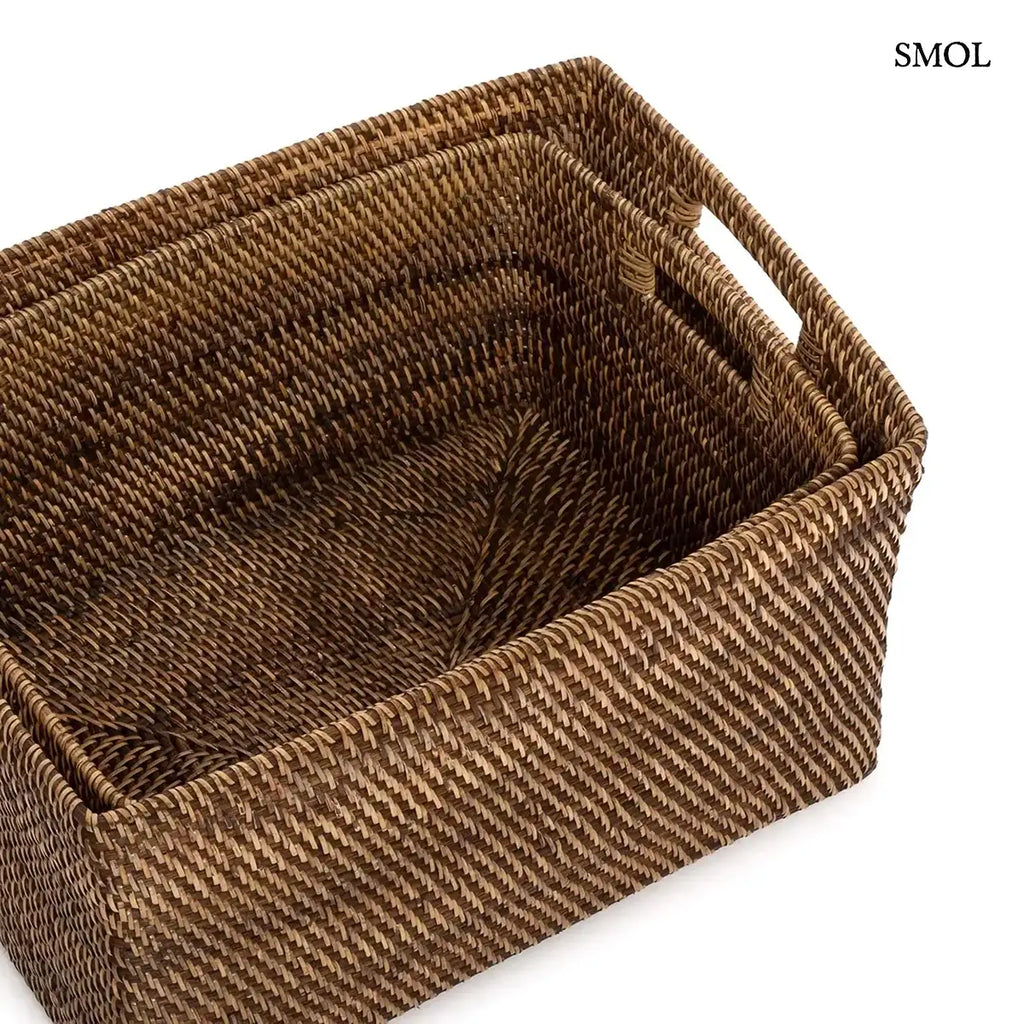 Natúr barna szögletes rattan tárolókosár, M méret, 36×18 cm, két méretben, egymásban