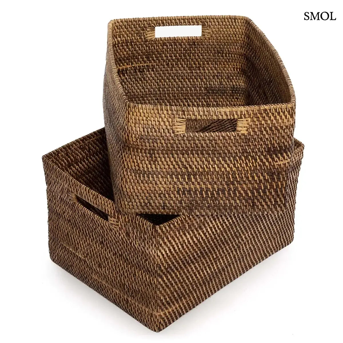 Natúr barna szögletes rattan tárolókosár, M méret, 36×18 cm, két kosár egymáson elforgatva