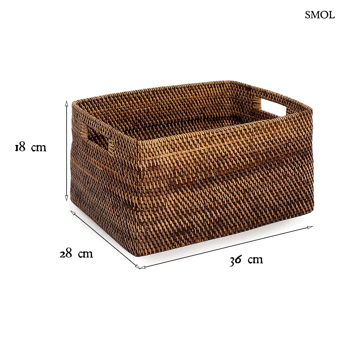 Natúr barna szögletes rattan tárolókosár, M méret, 36×18 cm, méretekkel