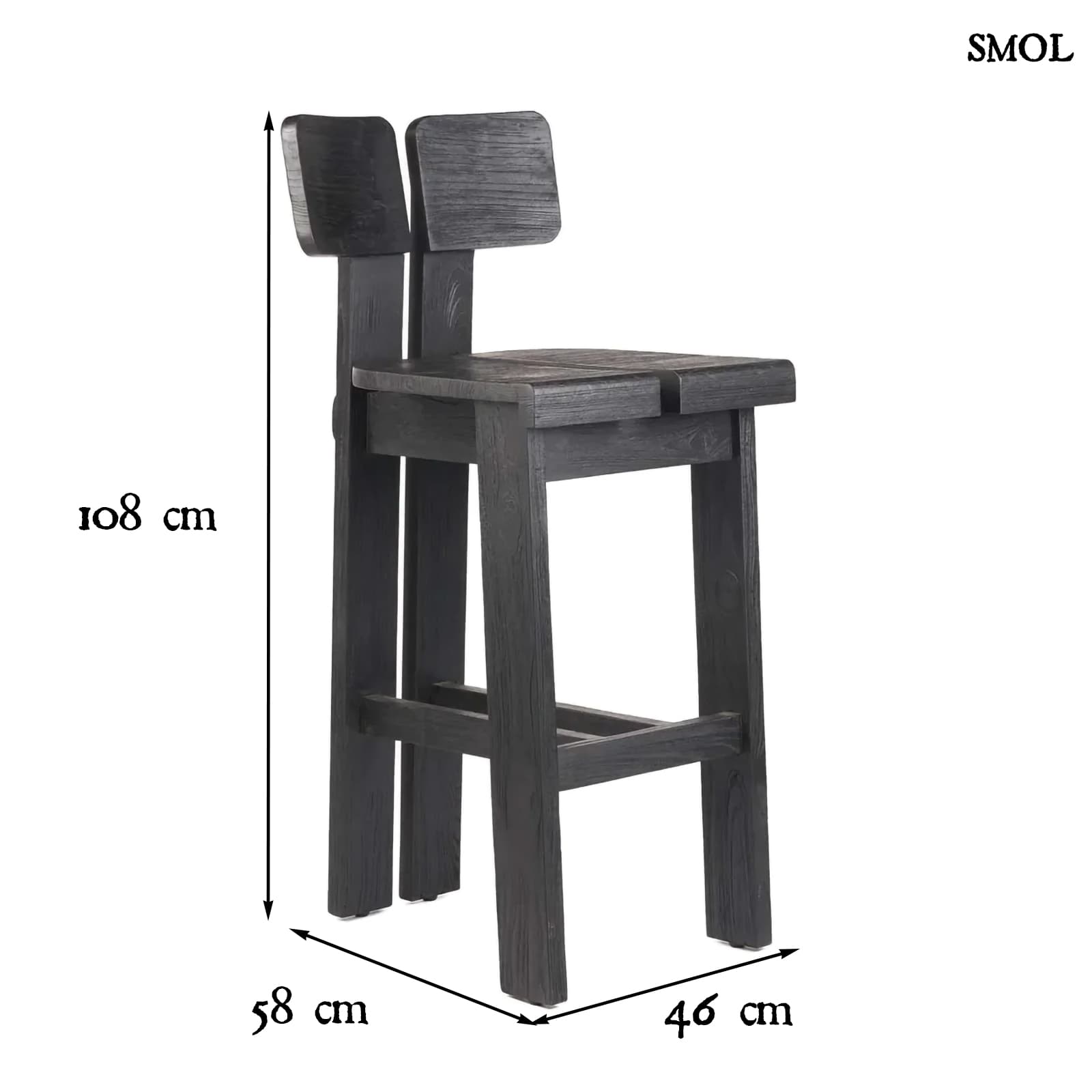 SAMA SAMA, fekete fa bárszék, 108 cm - smol.hu - méretekkel