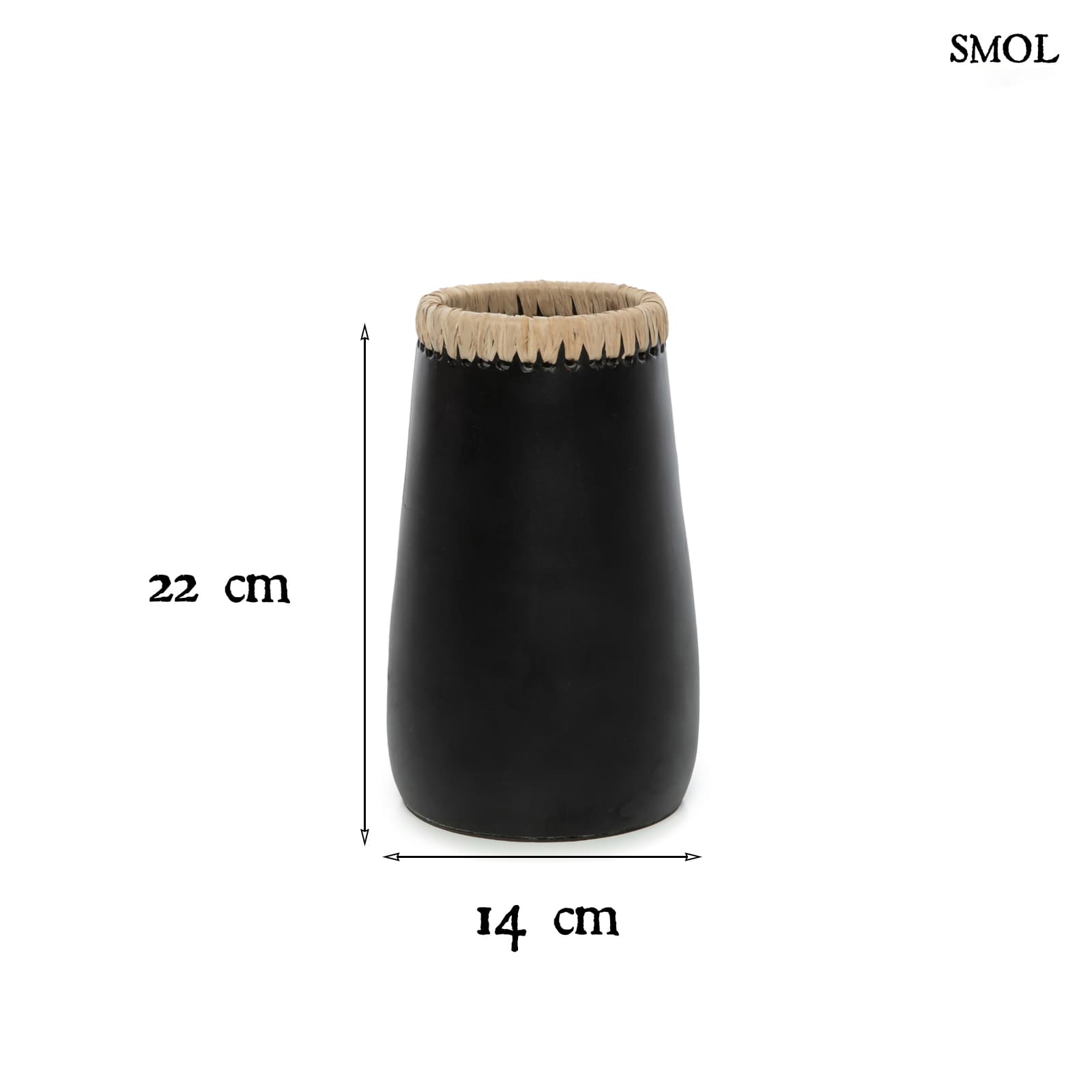 SNEAKY, fekete, terrakotta váza raffiával, 22 cm - smol.hu - méretekkel