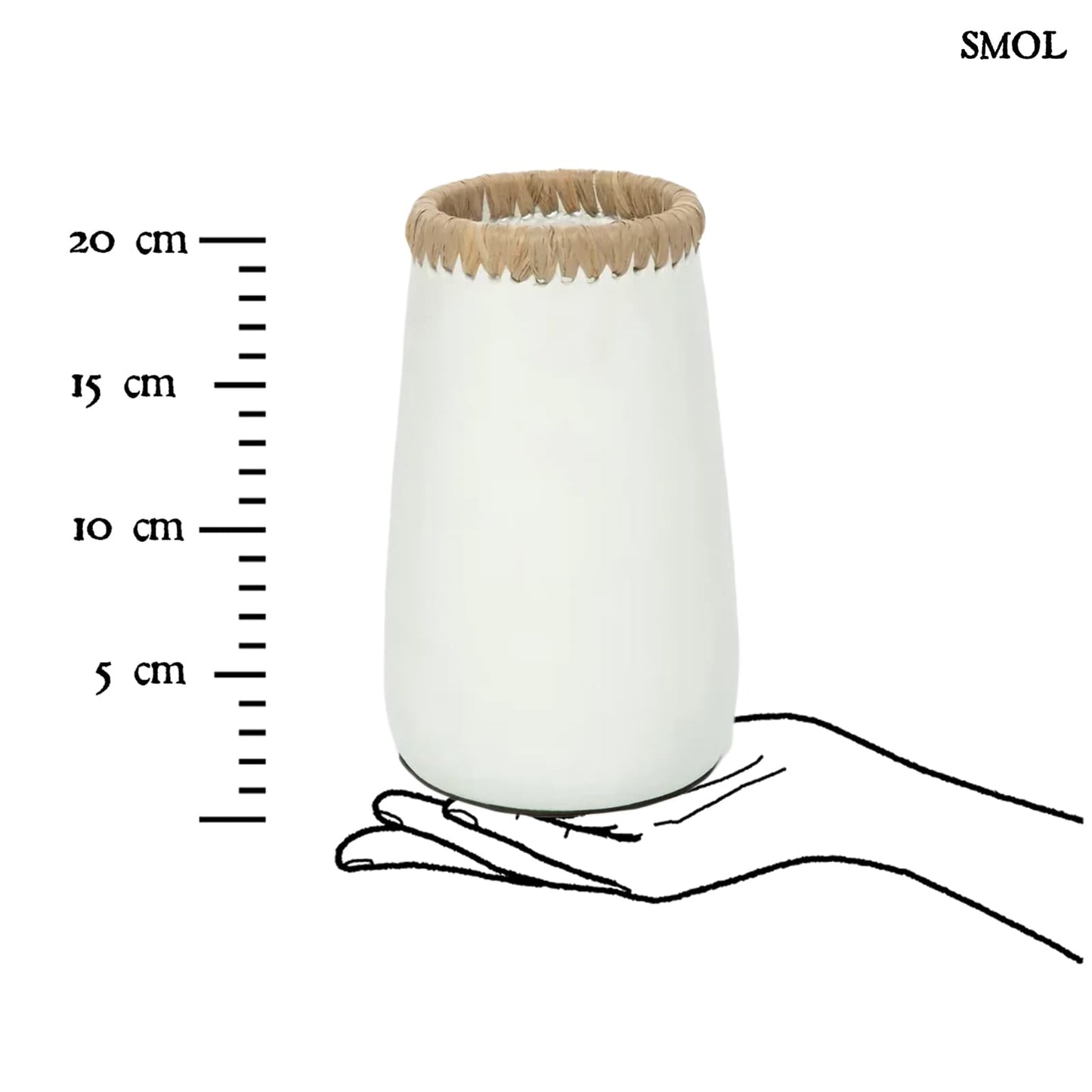SNEAKY, fehér terrakotta váza raffiával, 22 cm - smol.hu - méretarányosan