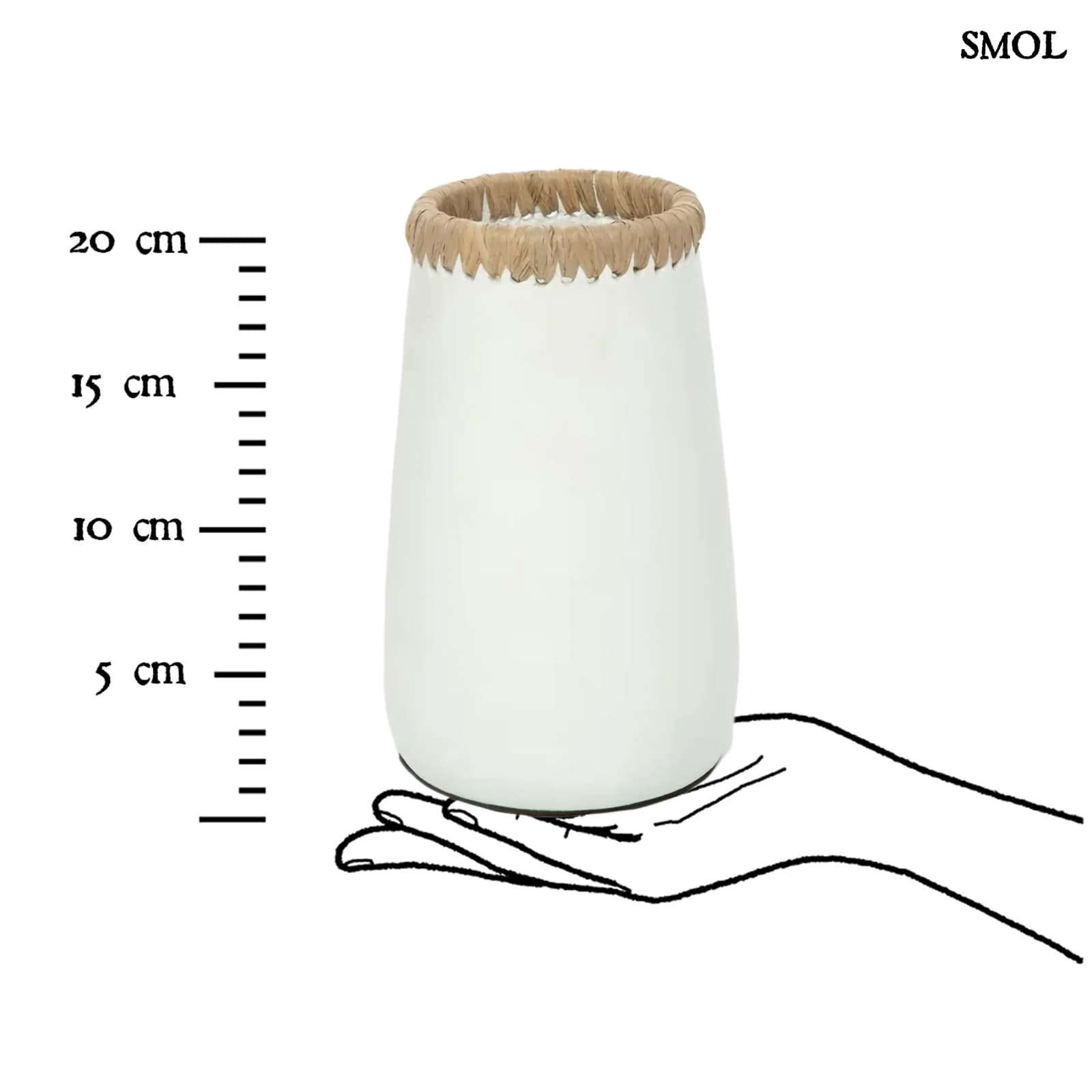 SNEAKY, fehér terrakotta váza raffiával, 22 cm - smol.hu - méretarányosan