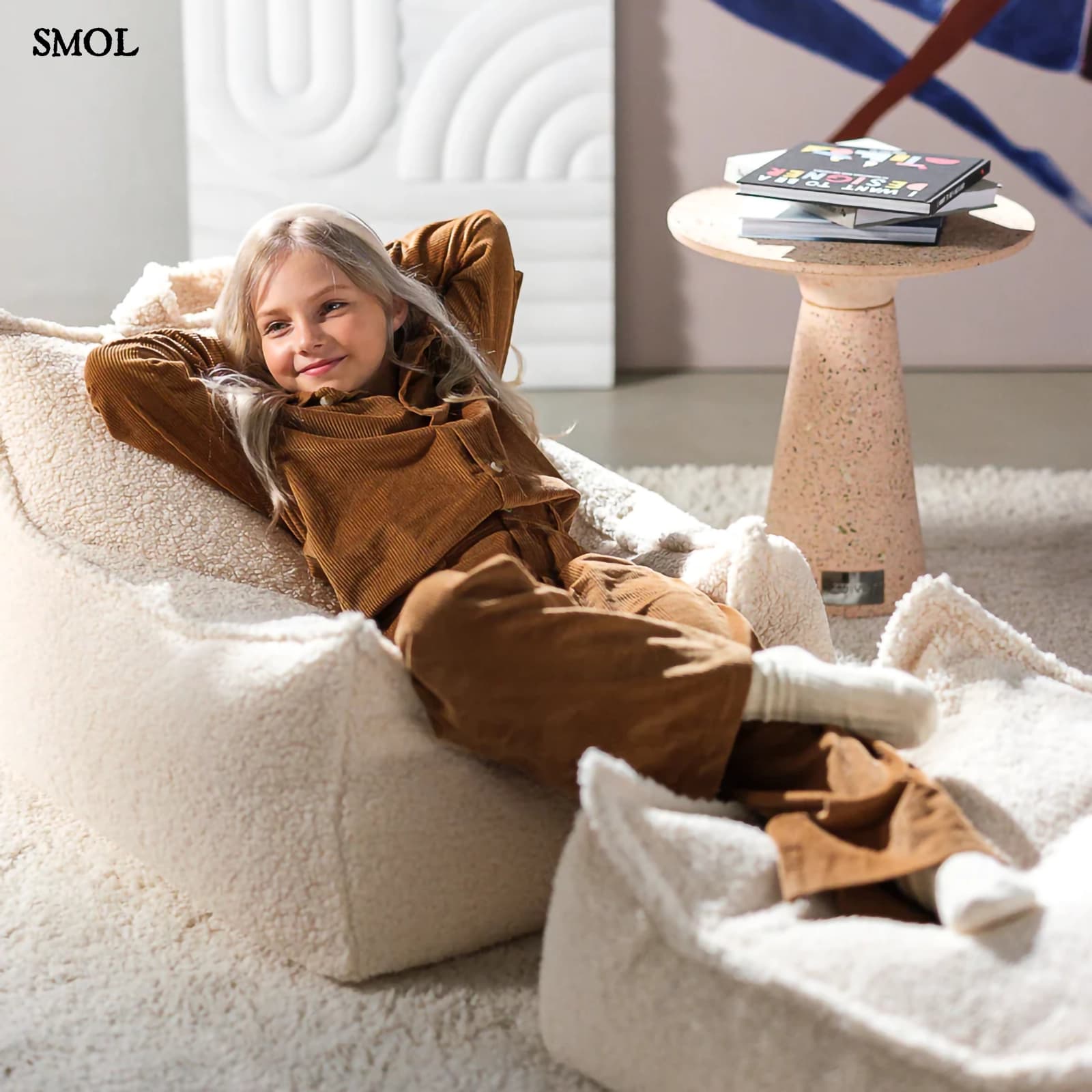 Szögletes Gyerek Babzsákfotel és Puff Szett | CREAM WHITE | SMOL - gyerekkel