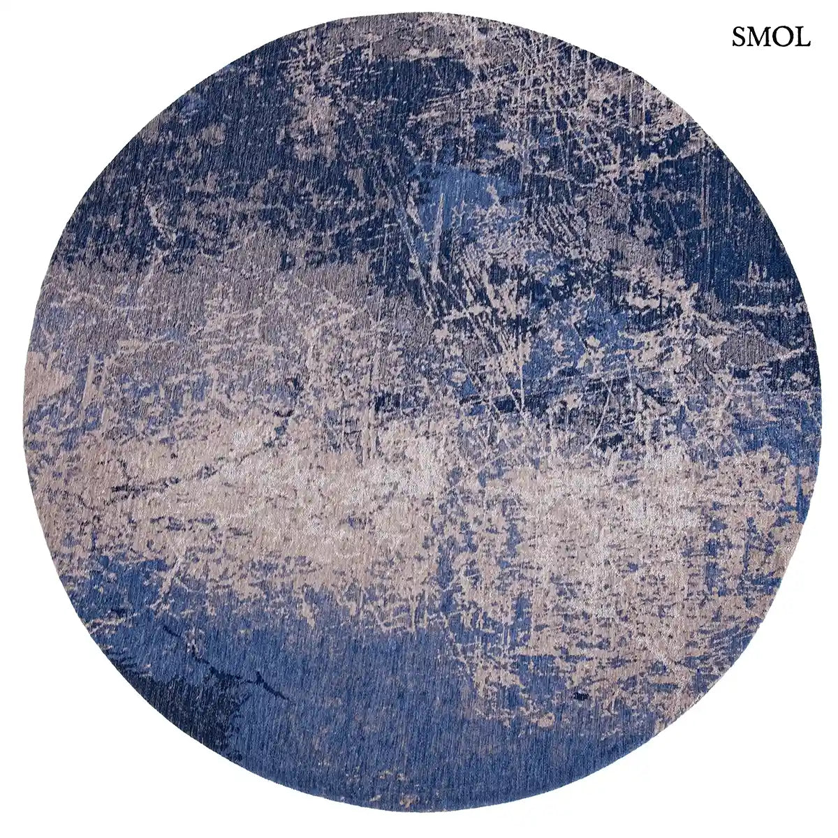 ECO RUG ABYSS BLUE absztrakt szőnyeg mélykék-arany kombinációban, repedezett, karcos felülettel, újrahasznosított poliészter, kerek formában