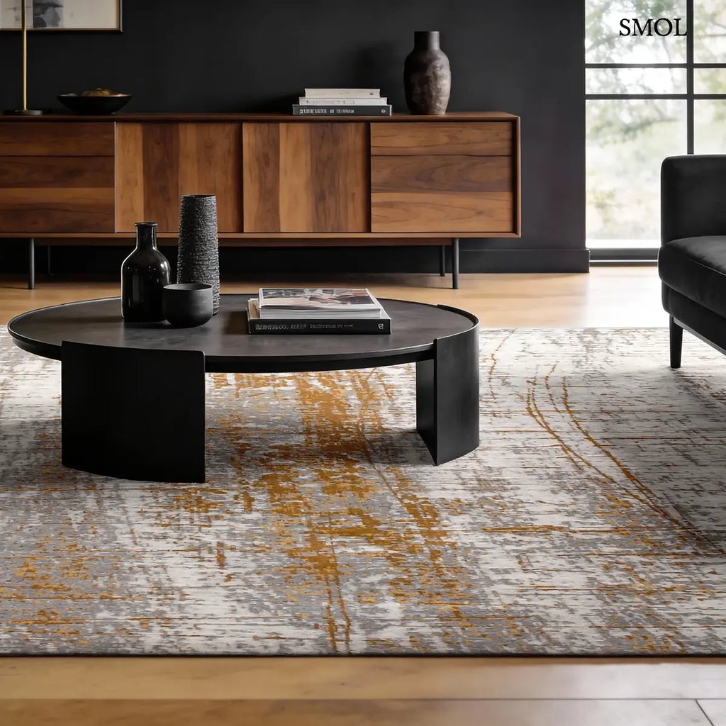 ECO RUG COLUMBUS GOLD arany-okker absztrakt mintás szőnyeg, 60-as évek grafikus minta, lapos szövés, 3 mm – kül- és beltéri, nappaliban