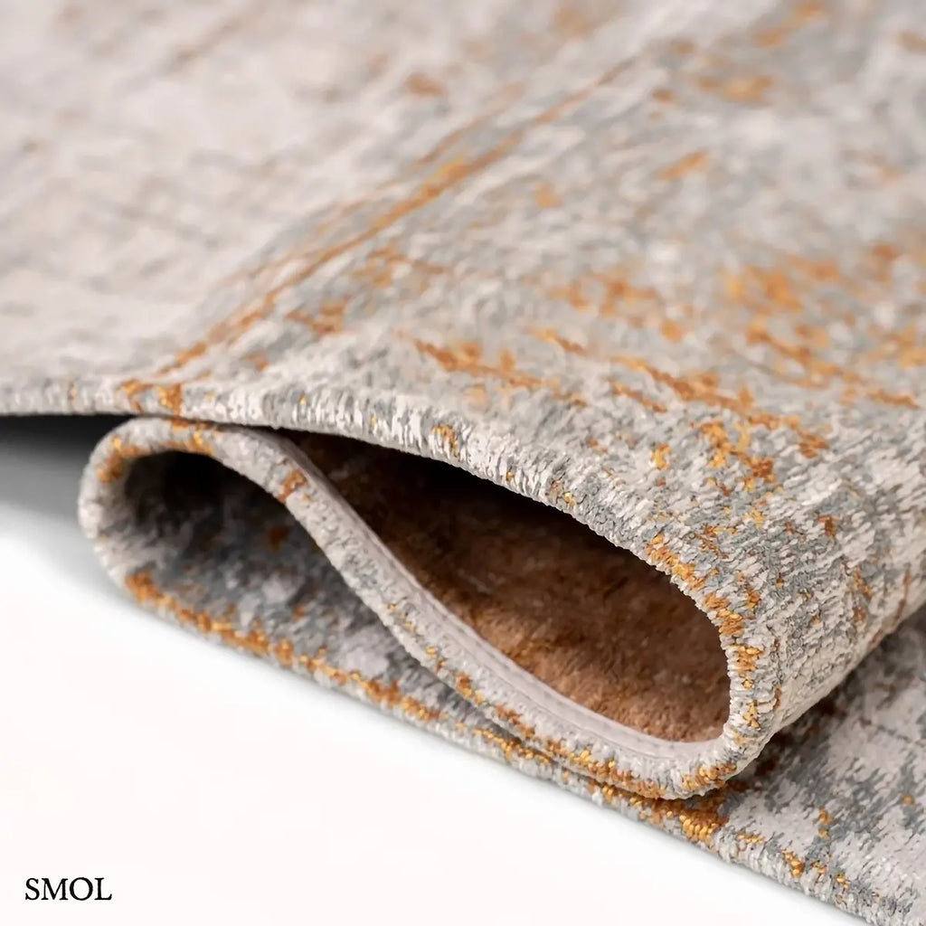 ECO RUG COLUMBUS GOLD arany-okker absztrakt mintás szőnyeg, 60-as évek grafikus minta, lapos szövés, 3 mm – kül- és beltéri, hullámosra hajtogatva