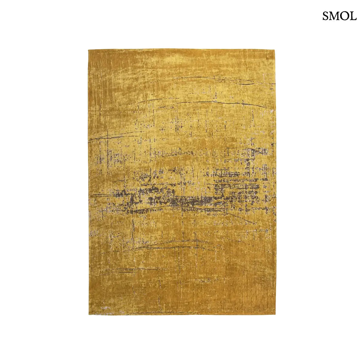ECO RUG LIBERTY GOLD szőnyeg, aranyszín alapon sötétbarna és fekete festékszerű vonalakkal, action painting hatású mintázattal, fehér háttérrel