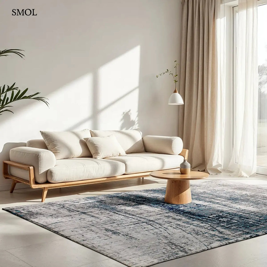 ECO RUG BRONX AZURITE azuritkék absztrakt szőnyeg 60-as évek grafikus mintával, lapos szövés, 3 mm – kül- és beltéri, nappaliban