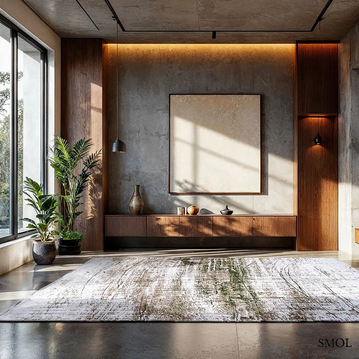 ECO RUG CENTRAL GREEN sötétzöld absztrakt mintás szőnyeg, nappaliban