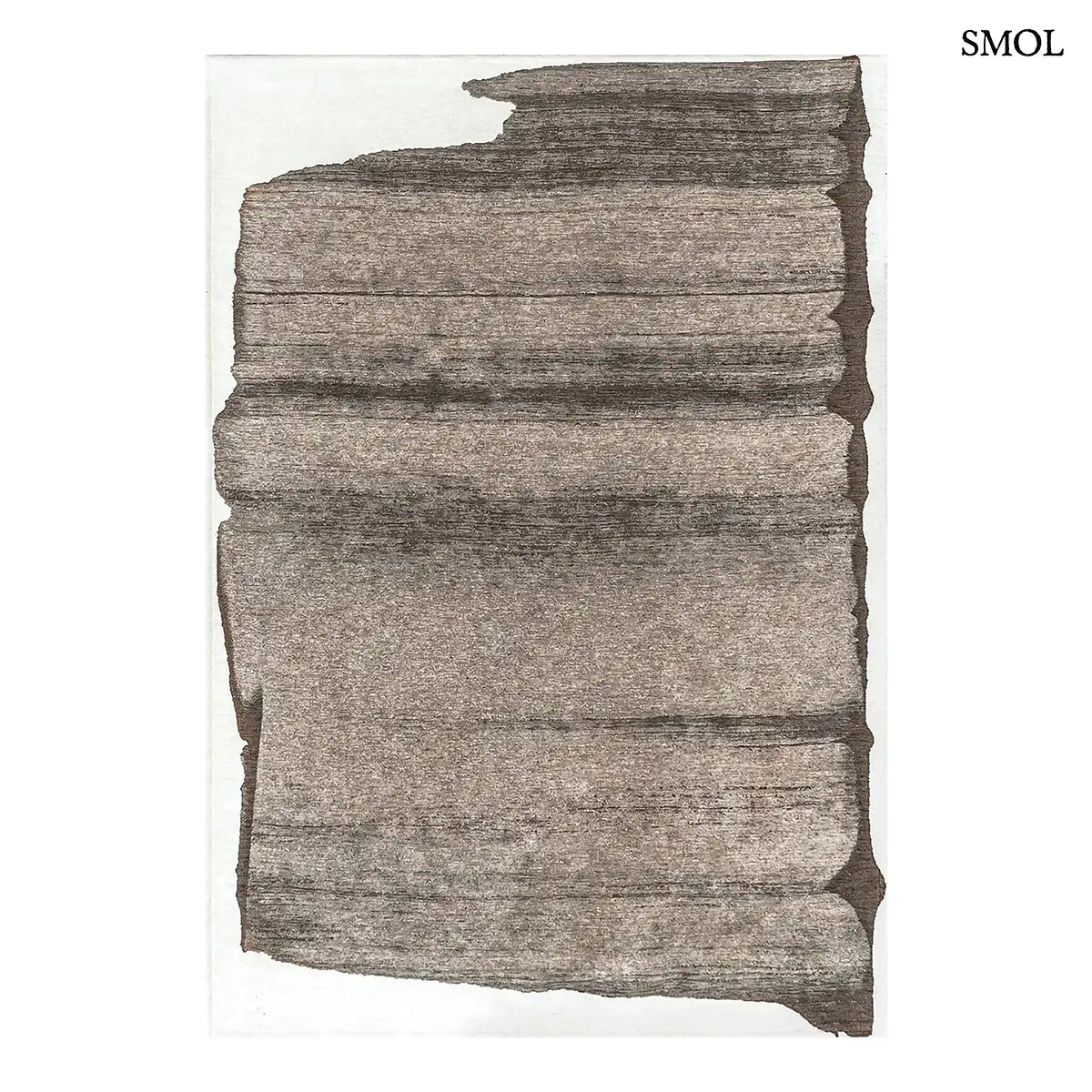 ECO RUG MASTIC absztrakt szőnyeg fehér alapon taupe-barna vízszintes rétegű festői mintával, fehér háttérrel