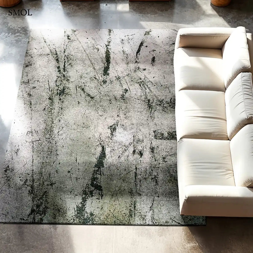 ECO RUG SOL ALPINE zöld-szürke absztrakt szőnyeg koptatott gyárpadló mintával, lapos szövés, 3 mm – kül- és beltéri, nappaliban