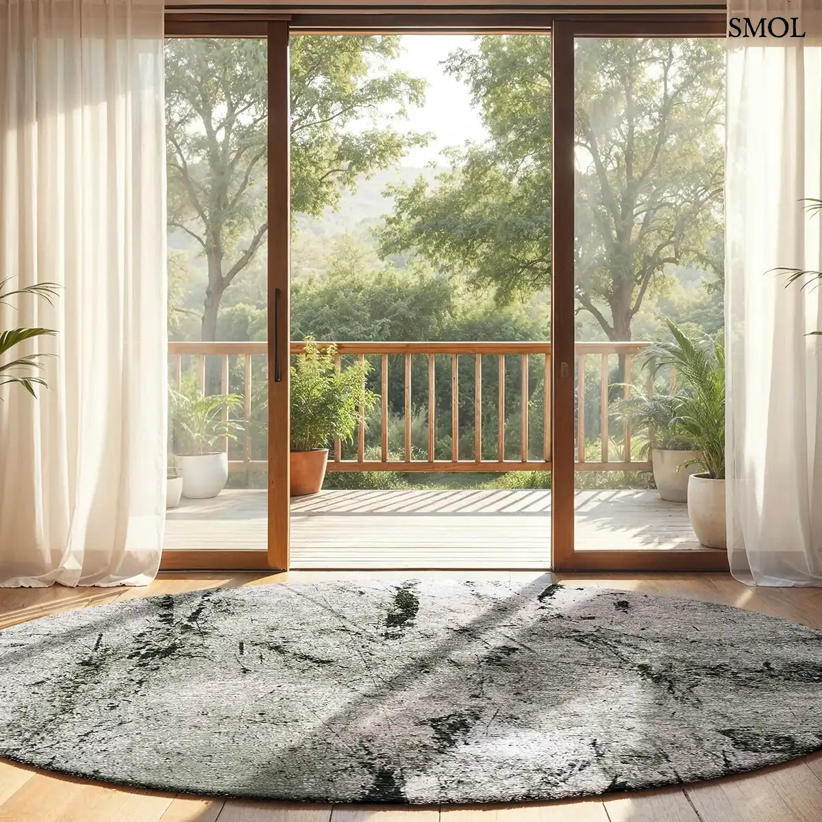 ECO RUG SOL ALPINE zöld-szürke absztrakt szőnyeg koptatott gyárpadló mintával, lapos szövés, 3 mm – kül- és beltéri, kerek formában, nappaliban