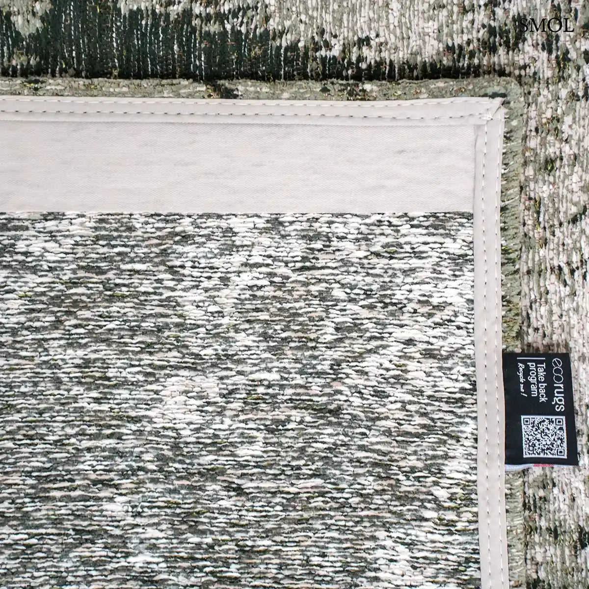 ECO RUG SOL ALPINE zöld-szürke absztrakt szőnyeg koptatott gyárpadló mintával, lapos szövés, 3 mm – kül- és beltéri, sarok felhajtva