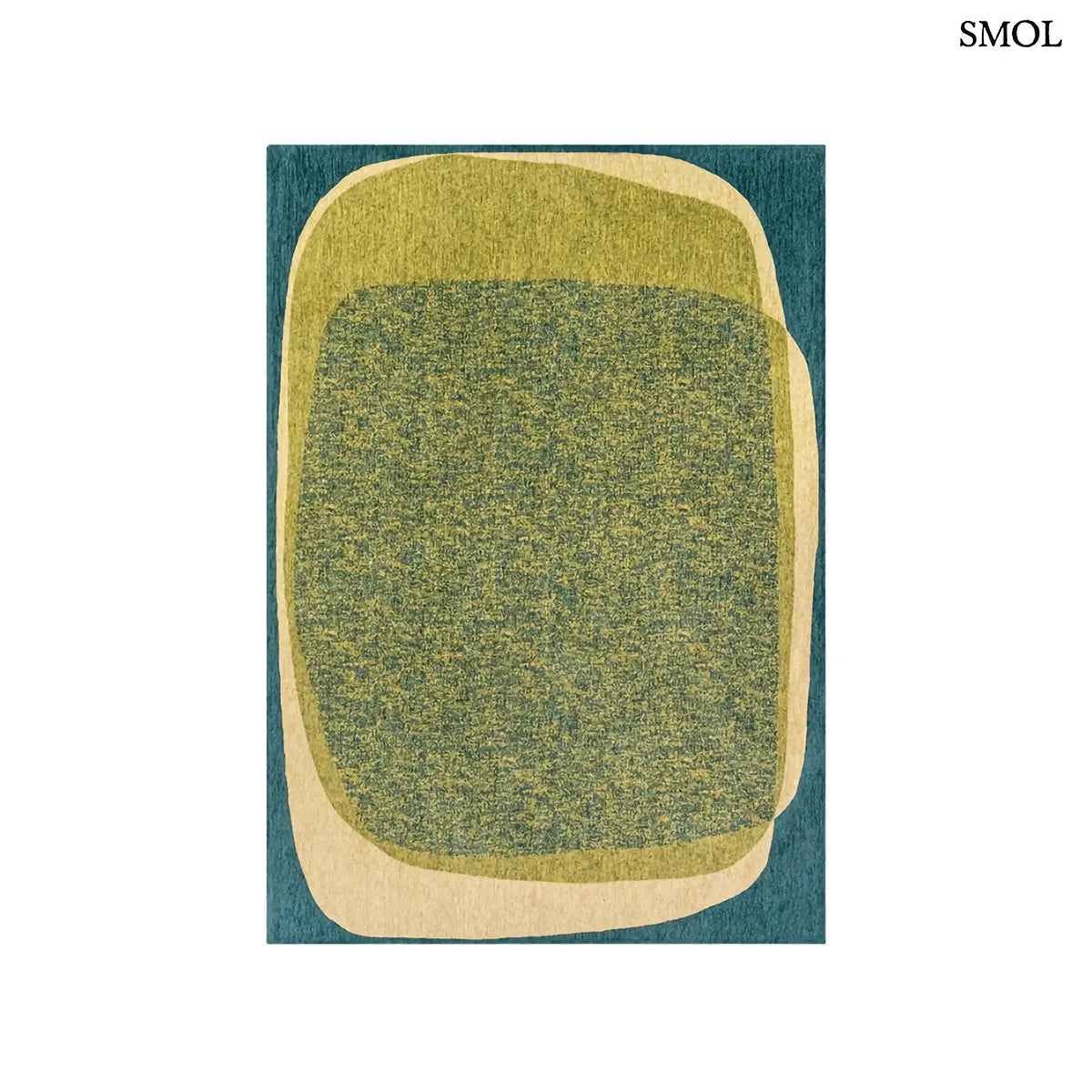 ECO RUG MARBLE LARCH zöld-türkiz absztrakt szőnyeg kavics ihlette lebegő formákkal, lapos szövés, 3 mm – kül- és beltéri, fehér háttérrel