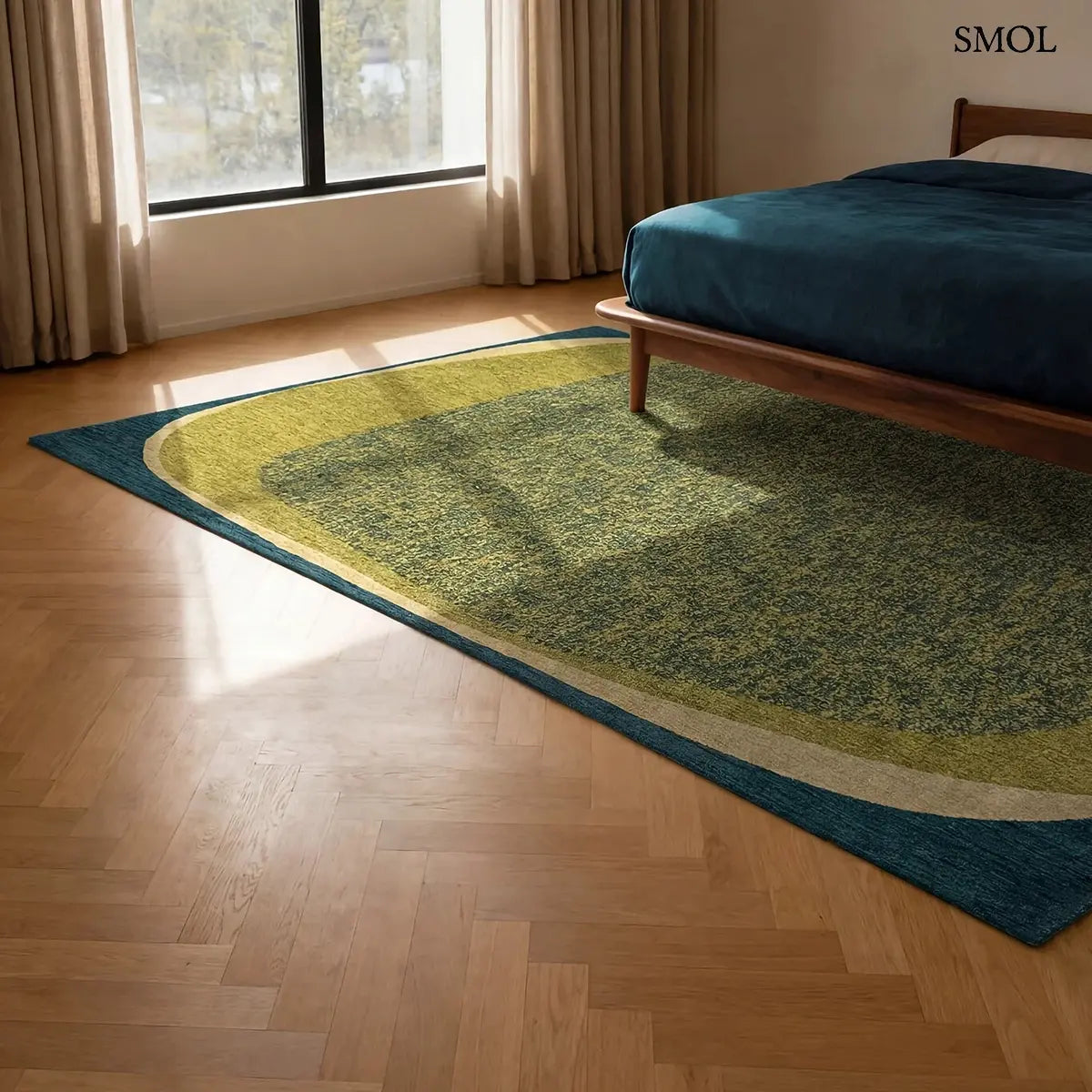 ECO RUG MARBLE LARCH zöld-türkiz absztrakt szőnyeg kavics ihlette lebegő formákkal, lapos szövés, 3 mm – kül- és beltéri, hálószobában