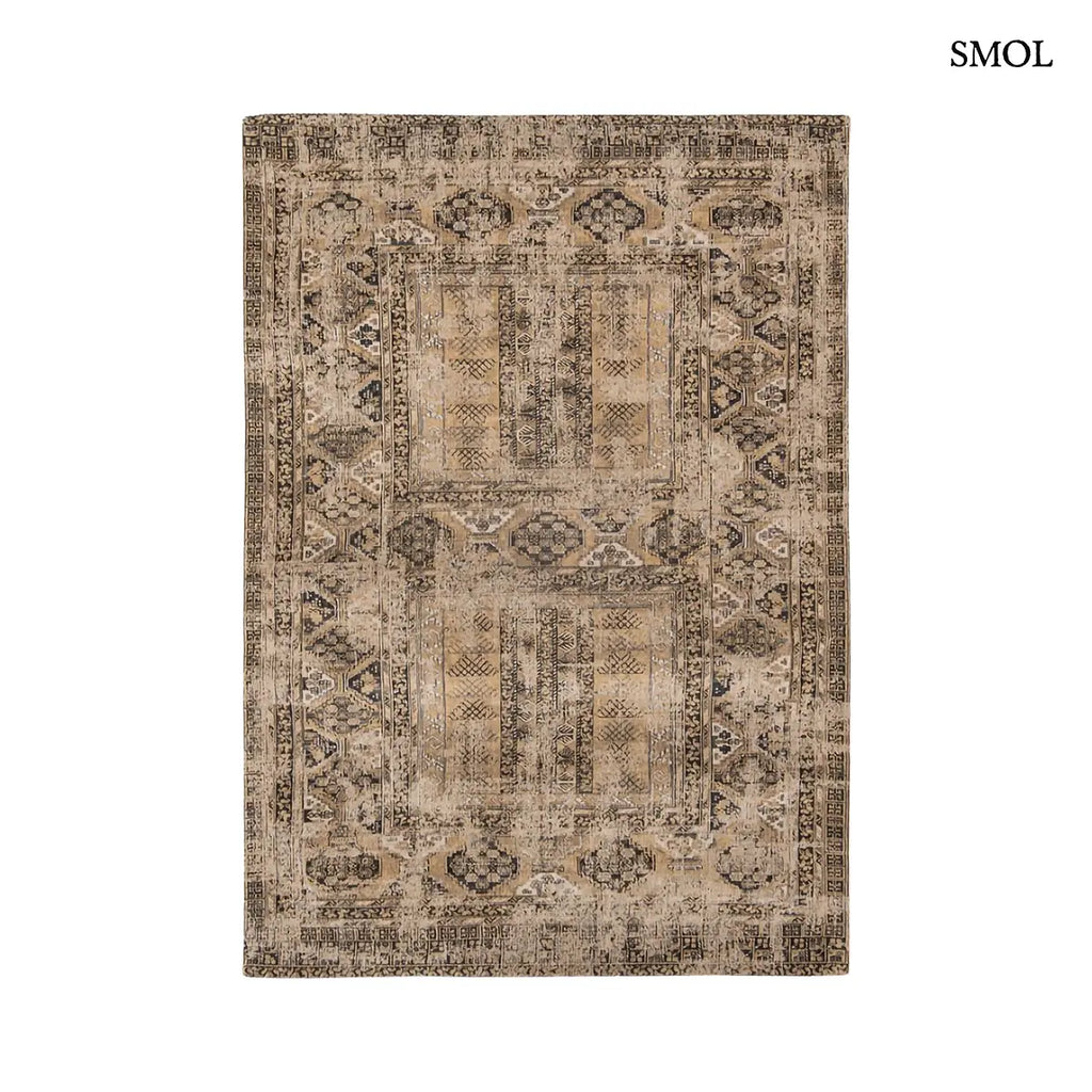 ECO RUG AGHA OLD GOLD afgán mintás szőnyeg arany-bézs alapon antracit törzsi mintával, koptatott vintage hatással, fehér háttérrel