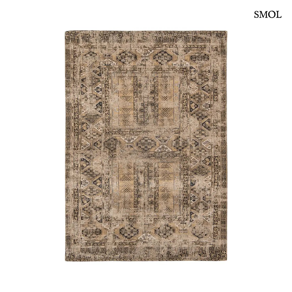 ECO RUG AGHA OLD GOLD afgán mintás szőnyeg arany-bézs alapon antracit törzsi mintával, koptatott vintage hatással, fehér háttérrel