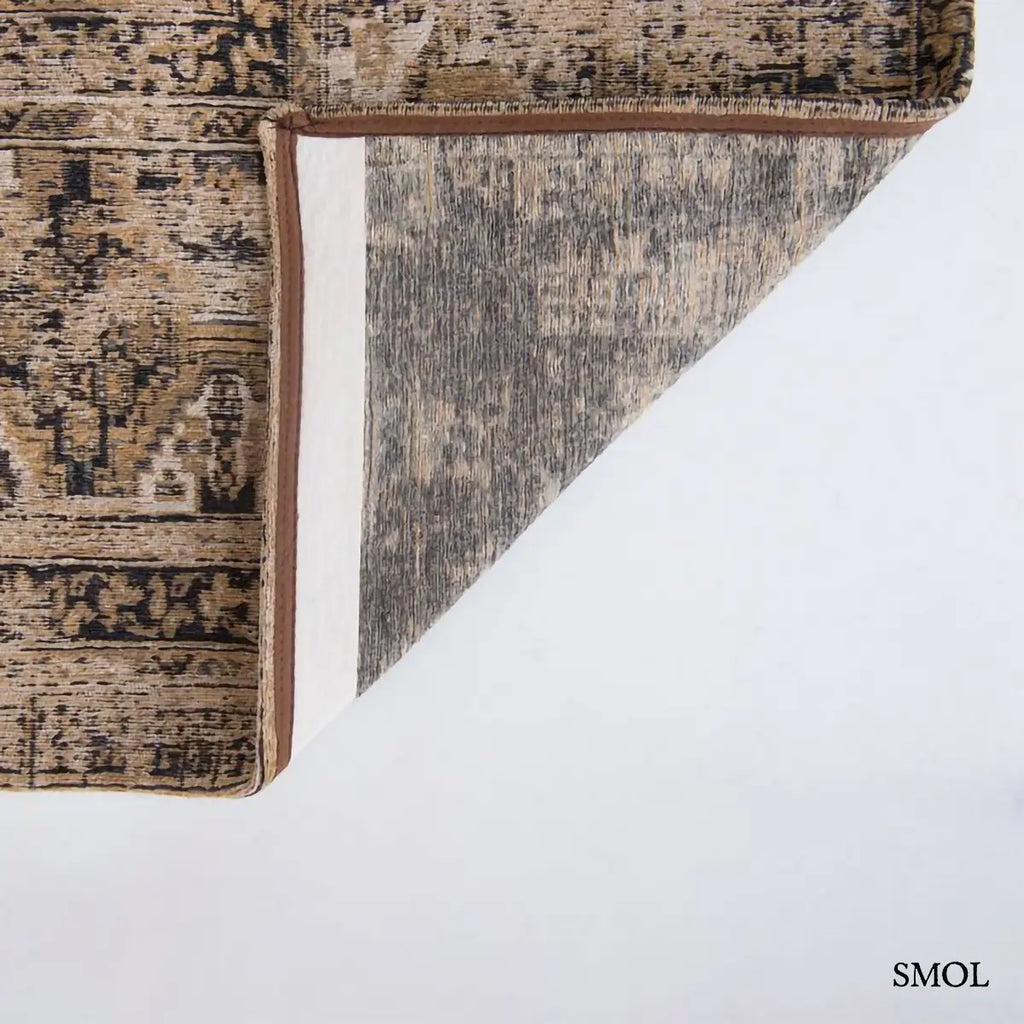 ECO RUG AGHA OLD GOLD afgán mintás szőnyeg arany-bézs alapon antracit törzsi mintával, koptatott vintage hatással, felhajtott sarokkkal