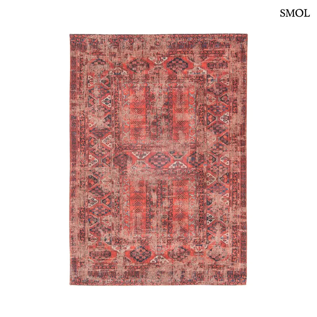 ECO RUG RED BRICK afgán mintás szőnyeg téglavörös alapon sötétkék Hadschlu mintával, koptatott vintage hatással, fehér háttérrel