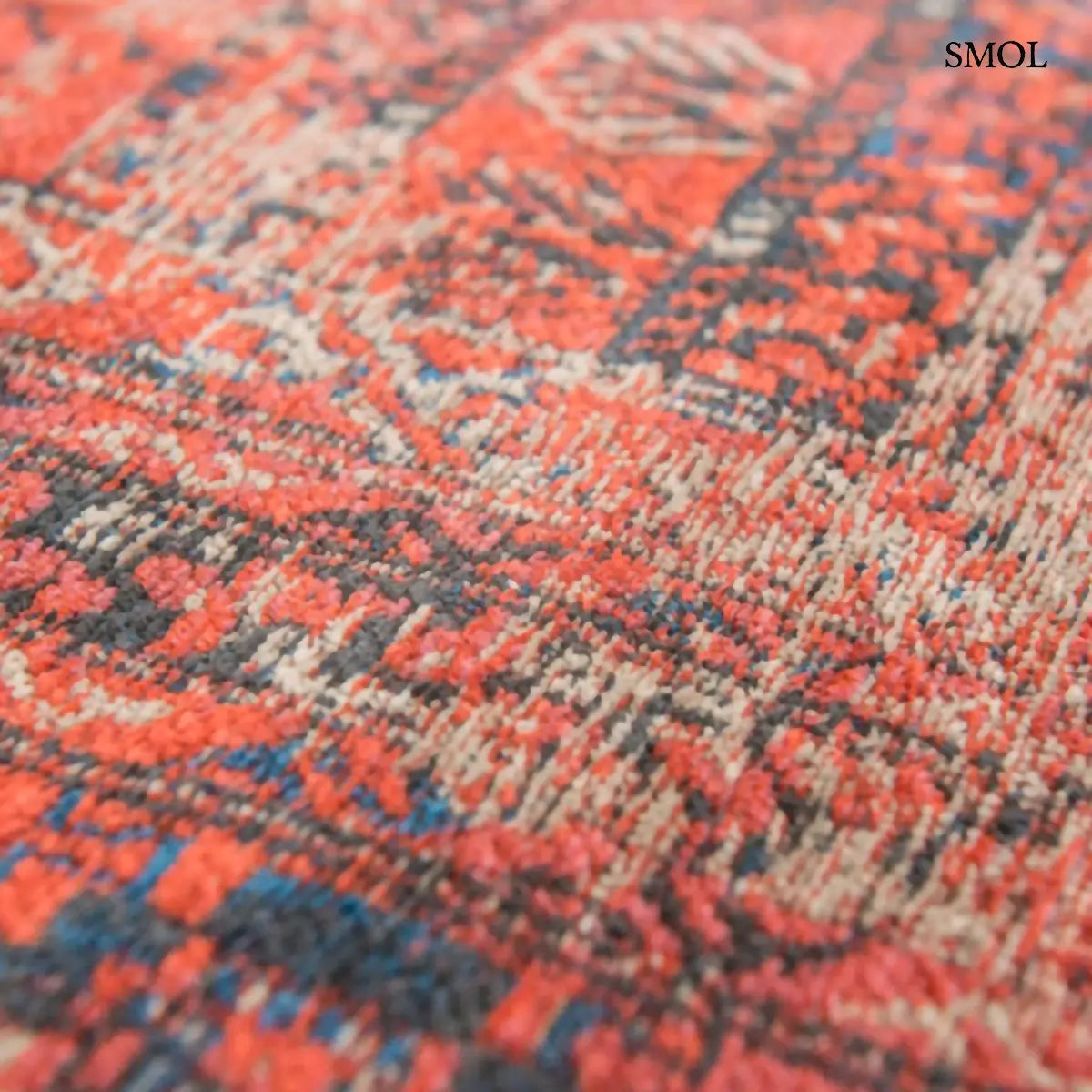 ECO RUG RED BRICK afgán mintás szőnyeg téglavörös alapon sötétkék Hadschlu mintával, koptatott vintage hatással, minta nagyítva