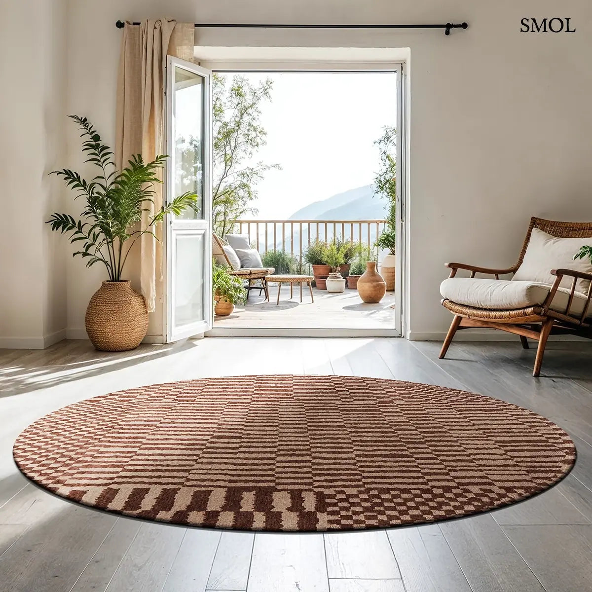 ECO RUG KSAR barna berber mintás szőnyeg Beni Ouarain mintával, lapos szövés, 3 mm – kül- és beltéri, kerek formában, nappaliban