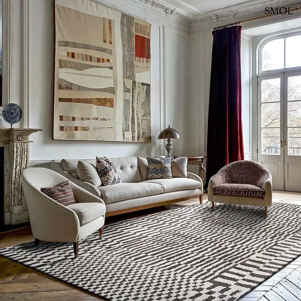 ECO RUG CAIDAL fekete-törtfehér berber mintás szőnyeg, nappaliban