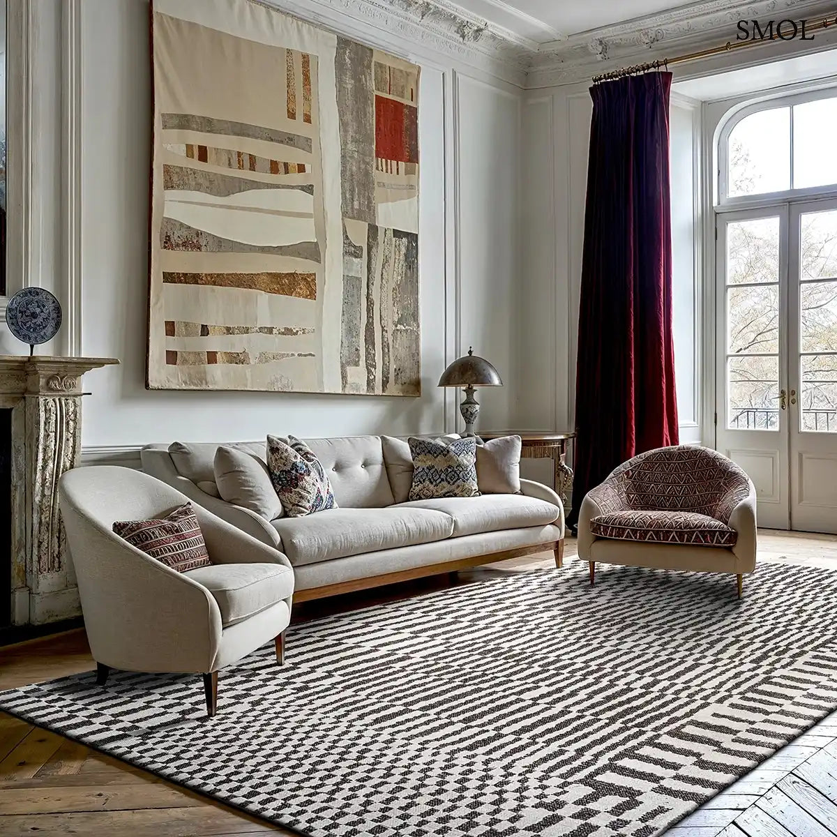 ECO RUG CAIDAL fekete-törtfehér berber mintás szőnyeg, nappaliban