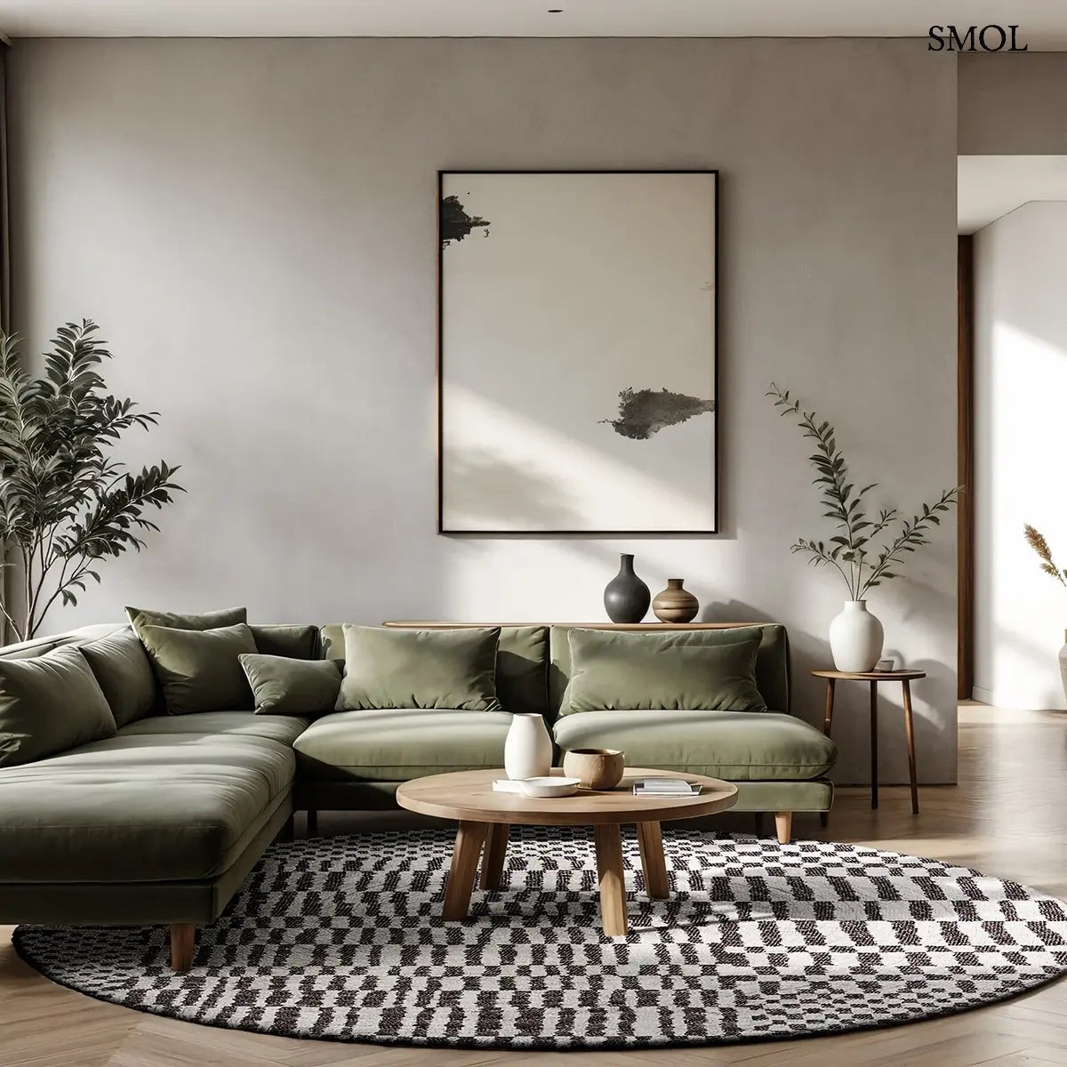 ECO RUG CAIDAL fekete-törtfehér berber mintás szőnyeg, kerek formában, nappaliban