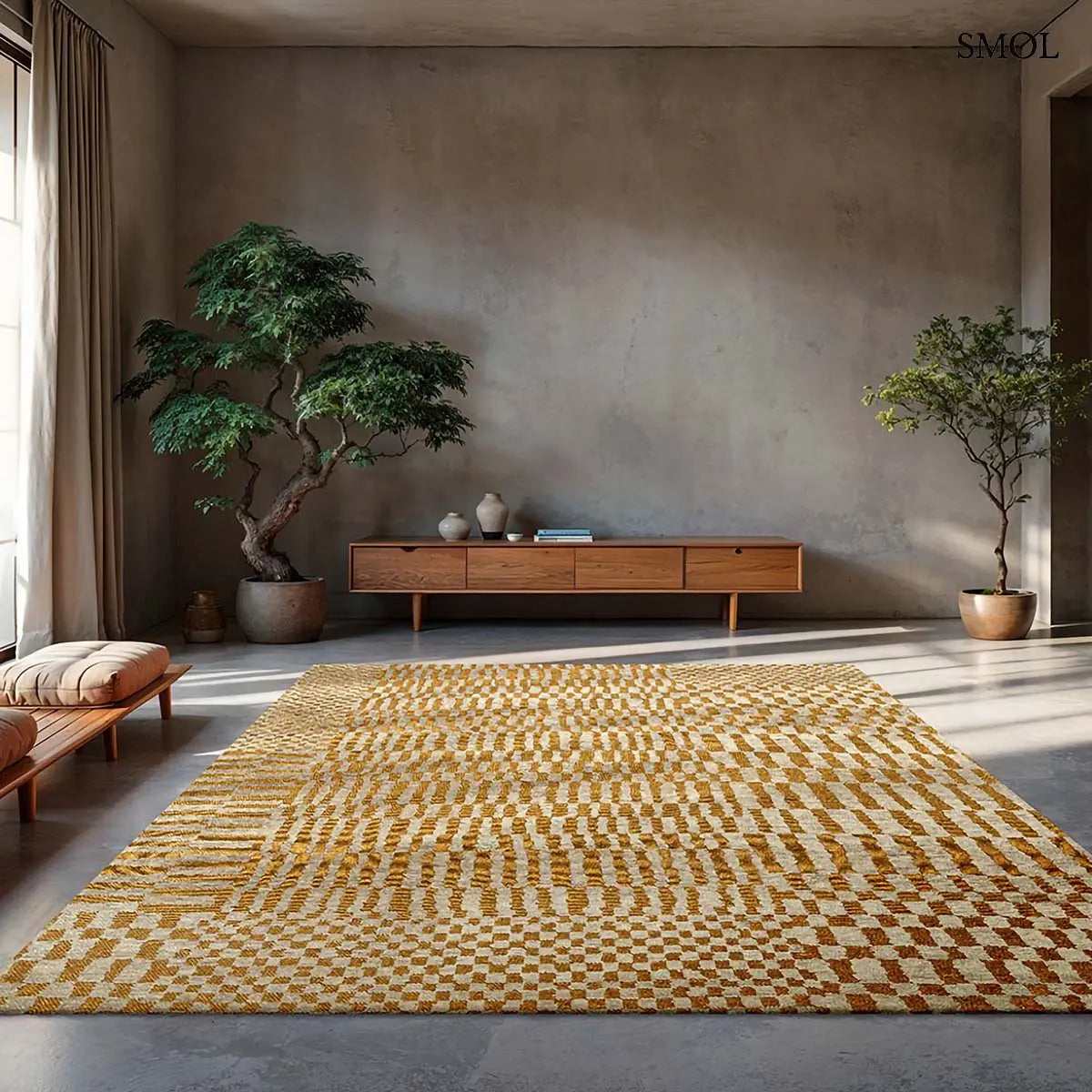 ECO RUG ERG meleg sárga berber mintás szőnyeg, nappaliban