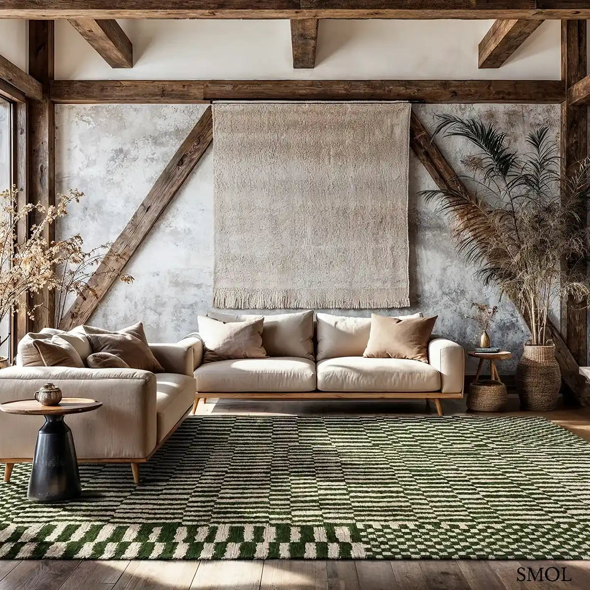 ECO RUG OASIS zöld berber mintás szőnyeg marokkói minimál mintával, lapos szövés, 3 mm – kül- és beltéri, nappaliban