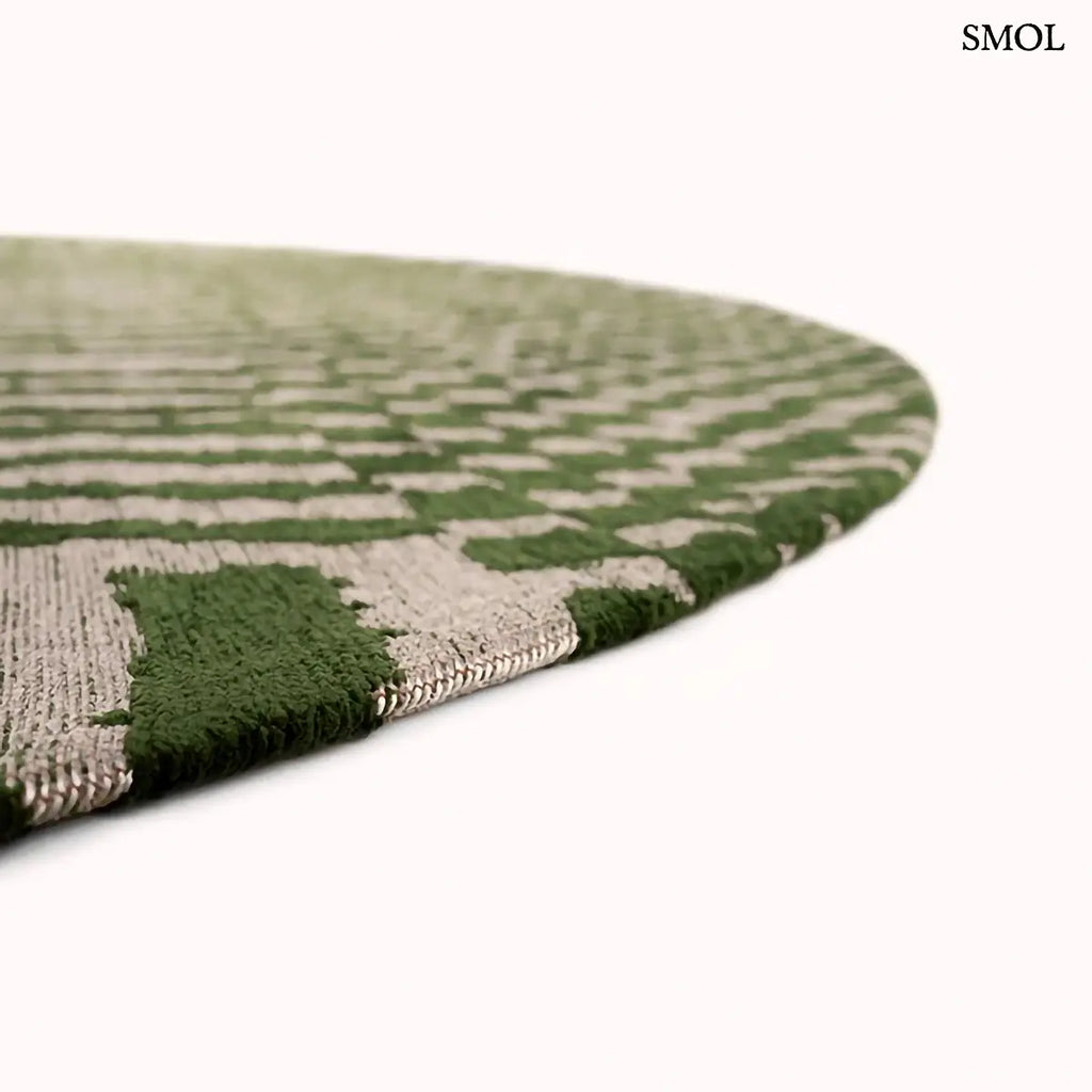 ECO RUG OASIS zöld berber mintás szőnyeg marokkói minimál mintával, lapos szövés, 3 mm – kül- és beltéri, kerek formában, oldalról