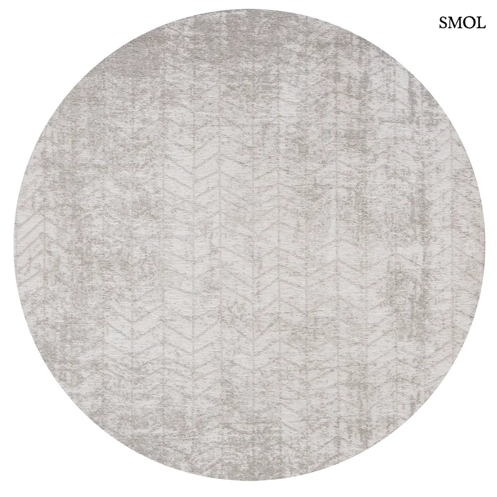 ECO RUG WHITE PLAINS ezüstszürke chevron mintás szőnyeg csillogó létraszerű geometrikus csíkokkal, lapos szövés, 3 mm – kül- és beltéri, kerek formában